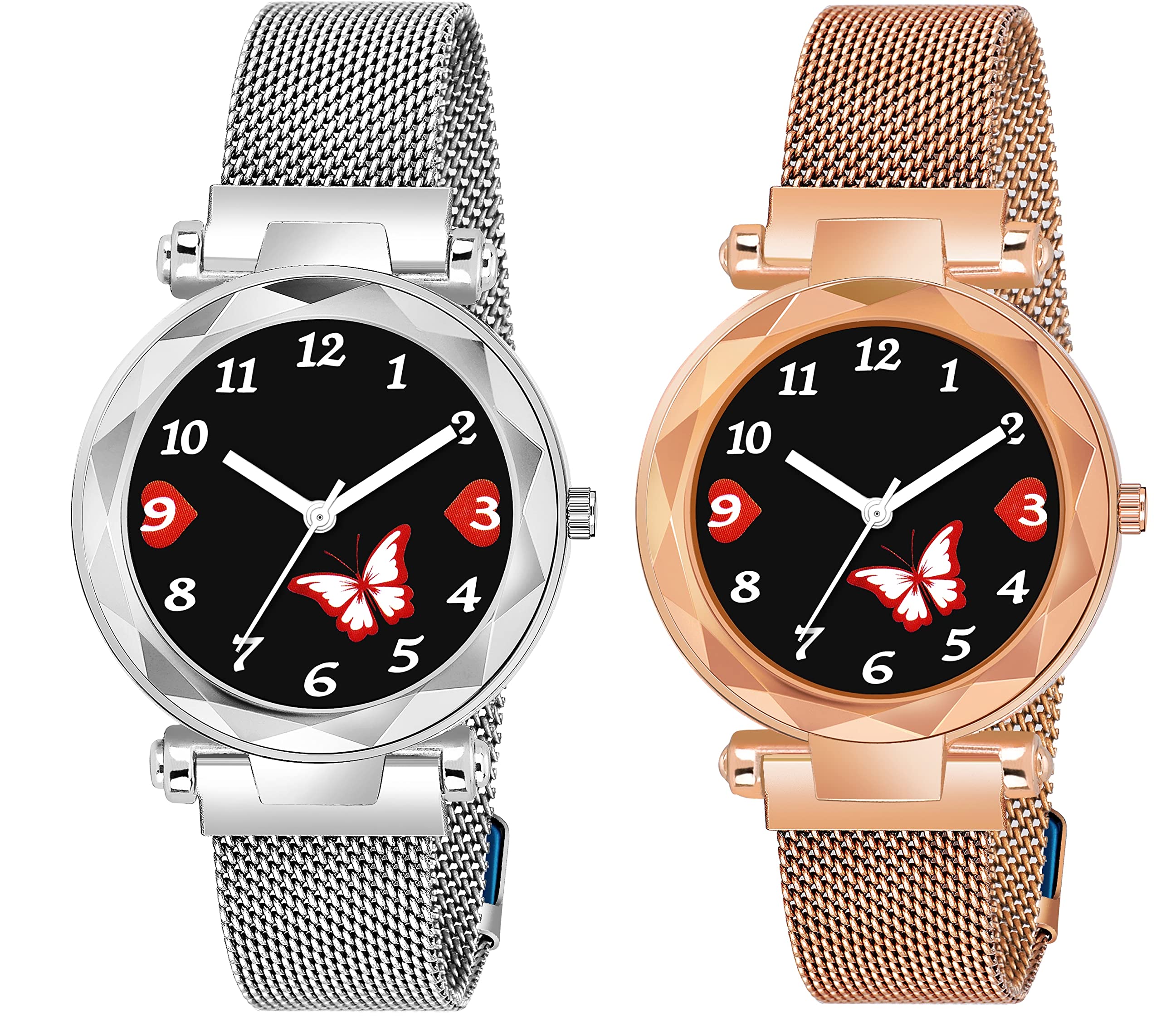 CERO Pack of 2 Red Butterfly Dial Magnetic Strap Girls and Womans Analogue Wrist Watches (Silver-Gold) (B0BQW4771G) Amazon Price History, Amazon Price Tracker