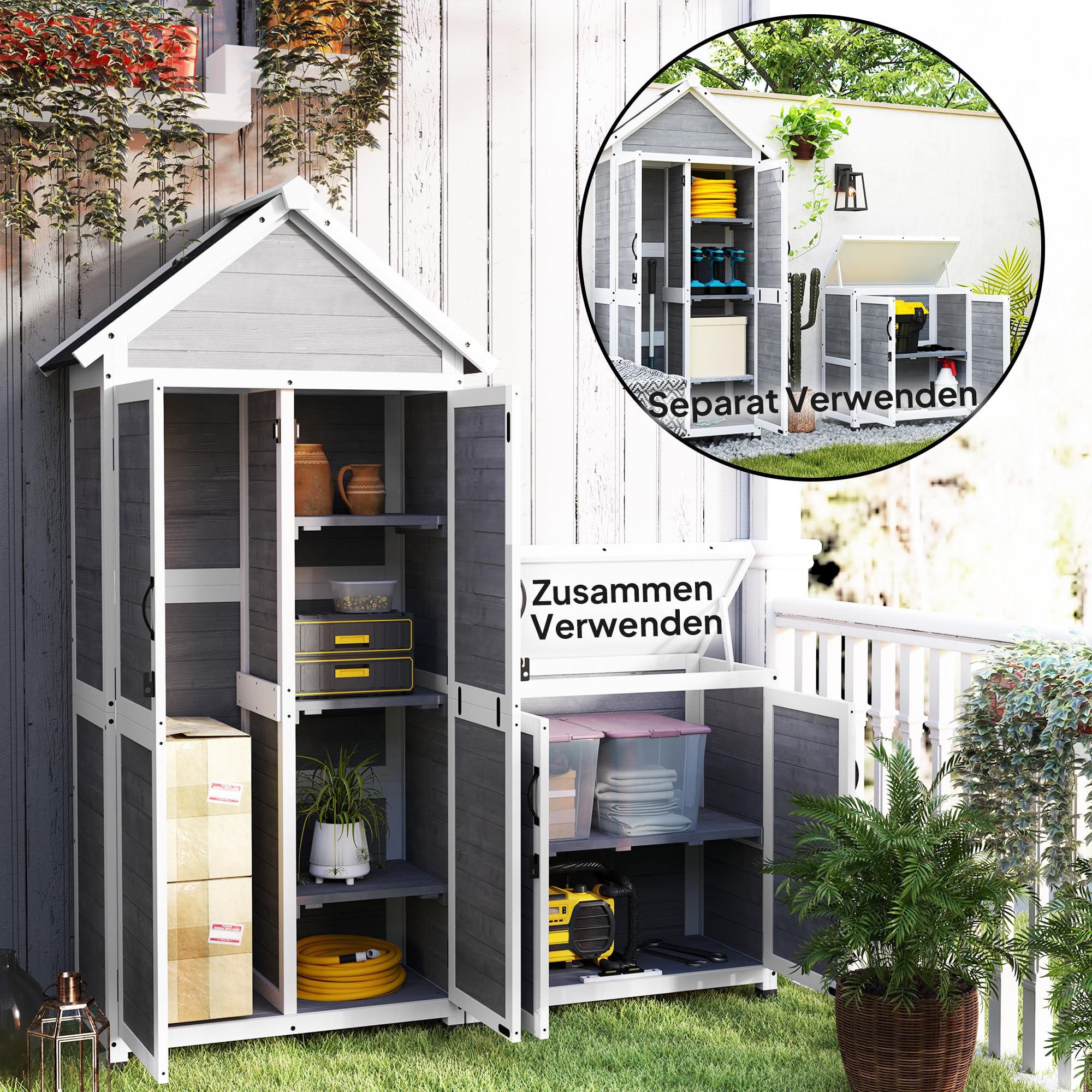 Outsunny 2 in 1 Gartenschrank Holz mit Satteldach 89x51x182cm Hellgrau | Geräteschrank, Geräteschuppen mit Aufbewahrungsschrank Ablage, Abschließbar Tür, Wetterfest Gerätehaus Für Terrasse, Garten