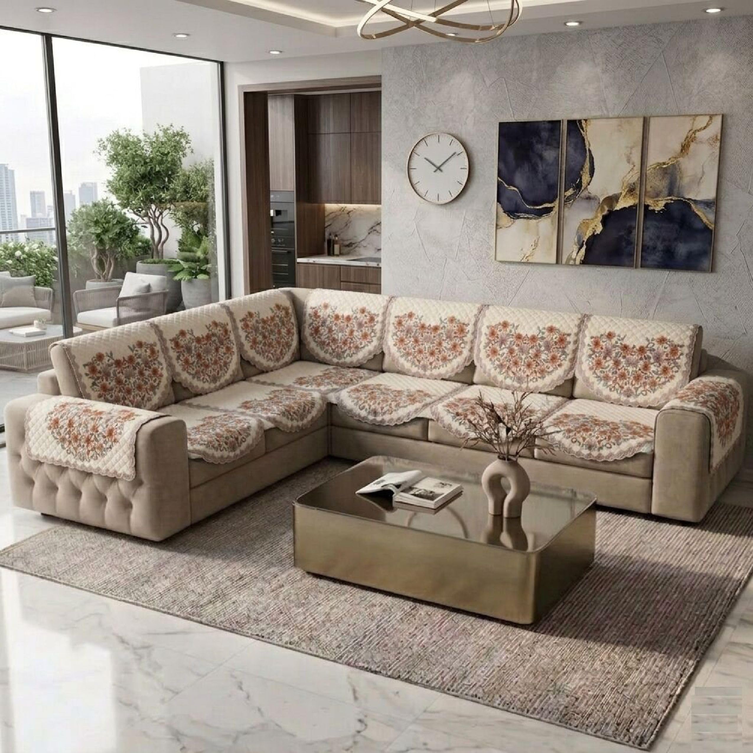Stylish, Durable & Easy Fit Slipcovers Velvet 3+2+2 Seater Sofa Printed Cover (Pack of 14 Beige Kashmiri) Soft, Washable & Anti-Slip Furniture Protector_80-image-35