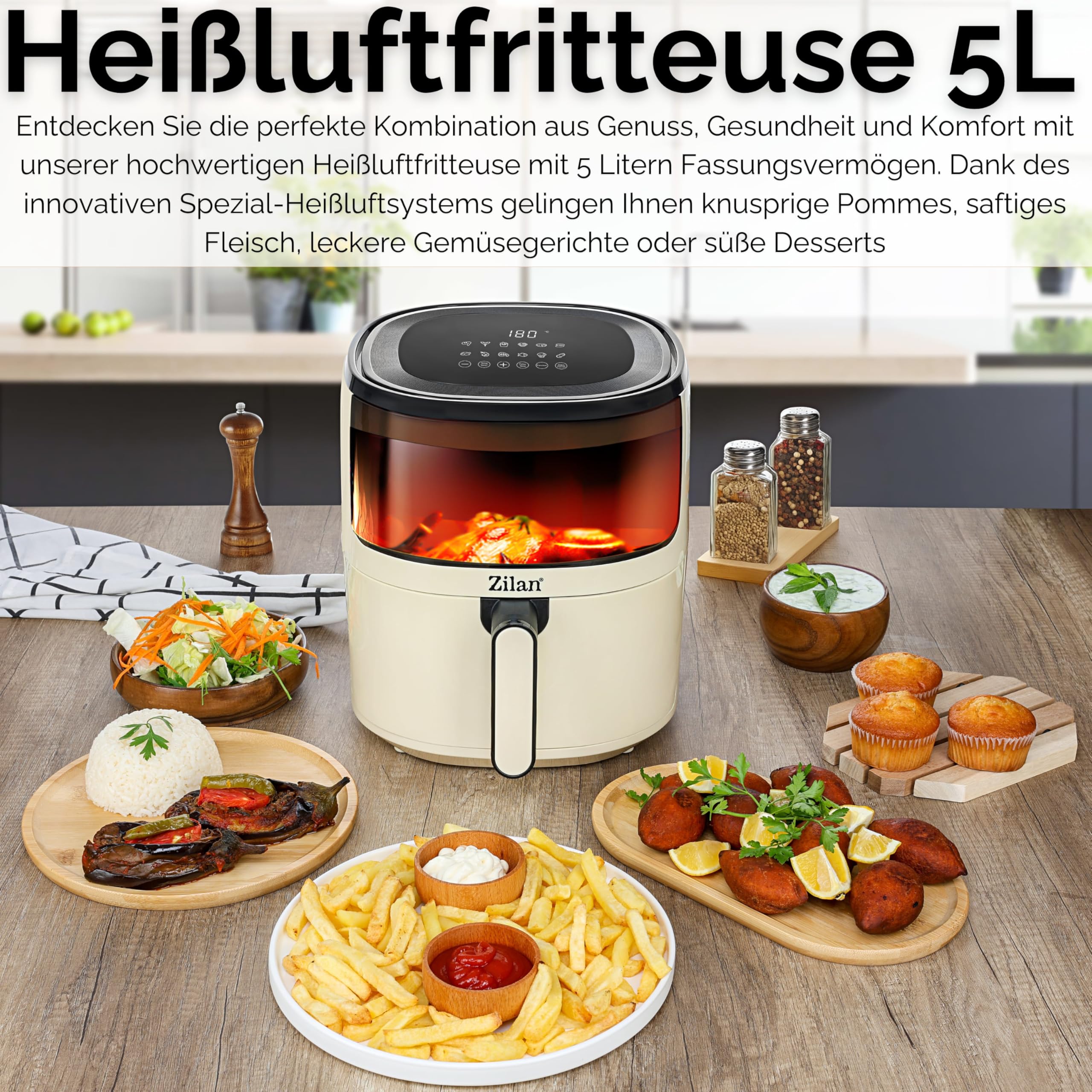 Heissluftfritteuse 5 Liter Heißluft-Frittieren Mini Backofen Heißluftfritteuse - Grillen Backen Dörren Frittieren Friteuse ohne Öl Airfryer Heißluftofen Heißluftgrill Fritteuse 1500 Watt
