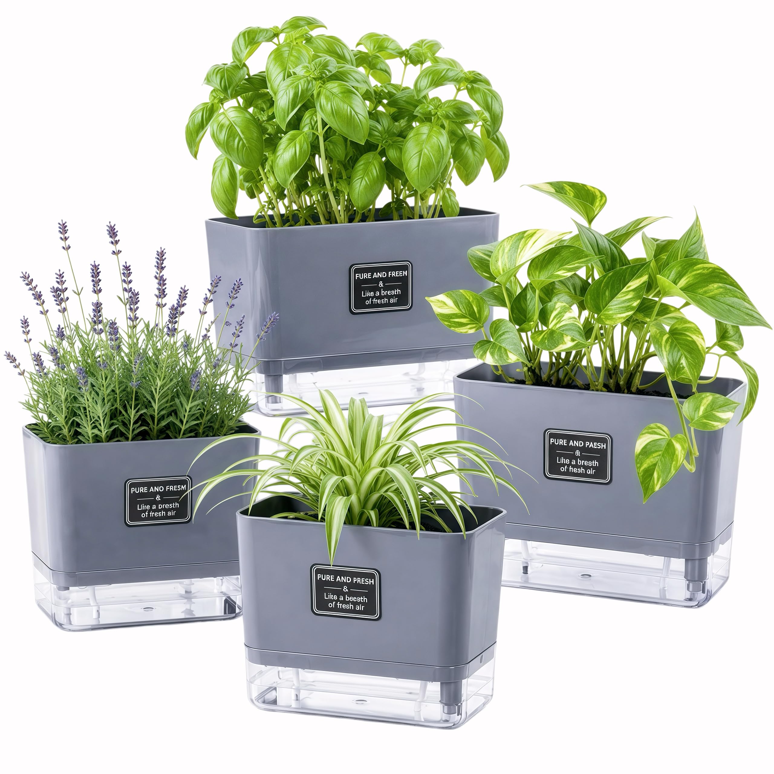 Self Watering Planters 4 Pack, 7 Inch Rectangle Plant Pots with Visible Water Reservoir