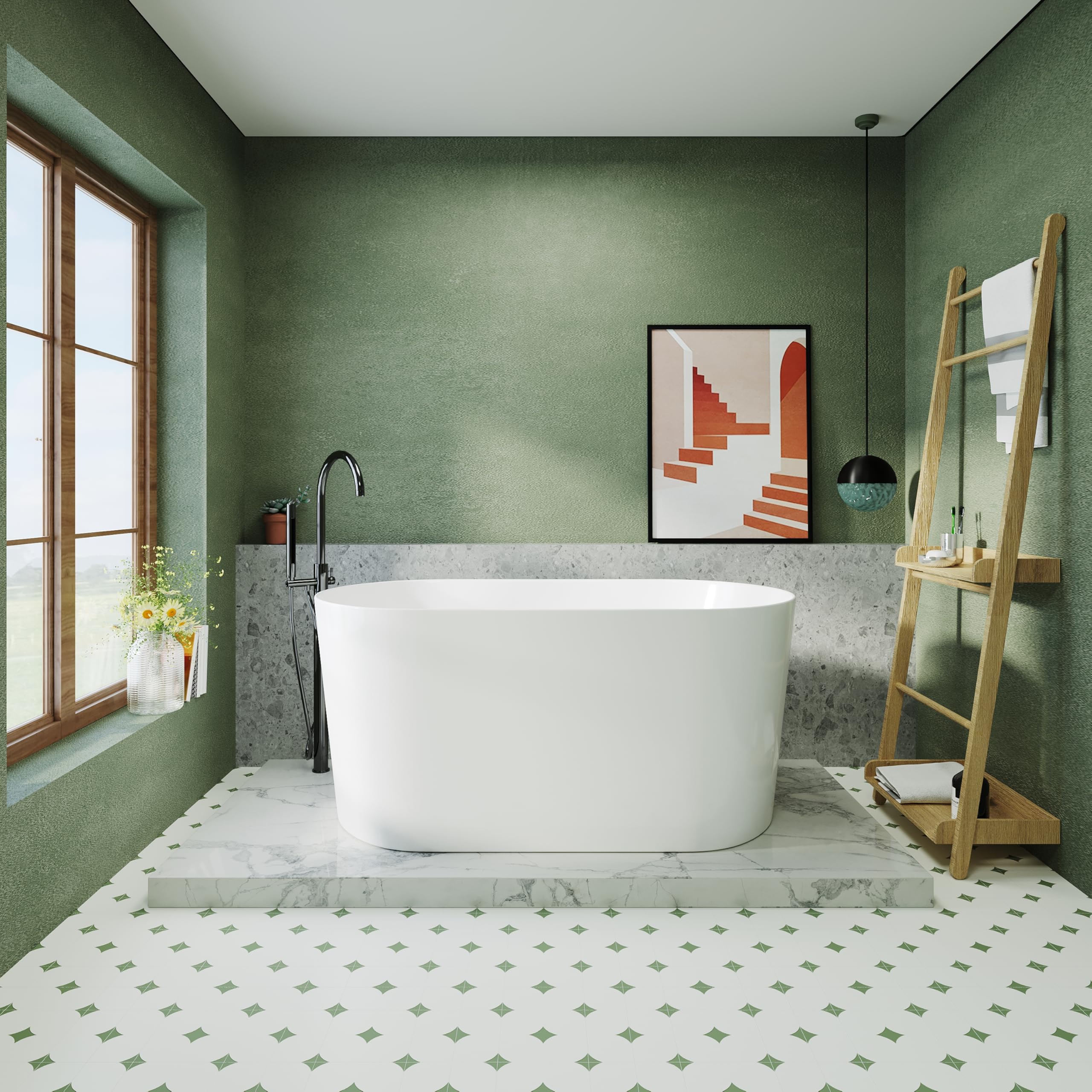 55 inch Acrylic Freestanding Bathtub Contemporary Soaking Tub, White Bathtubs, Oval Shape Free standing Bath tub With Chrome Overflow and Pop Up Drain