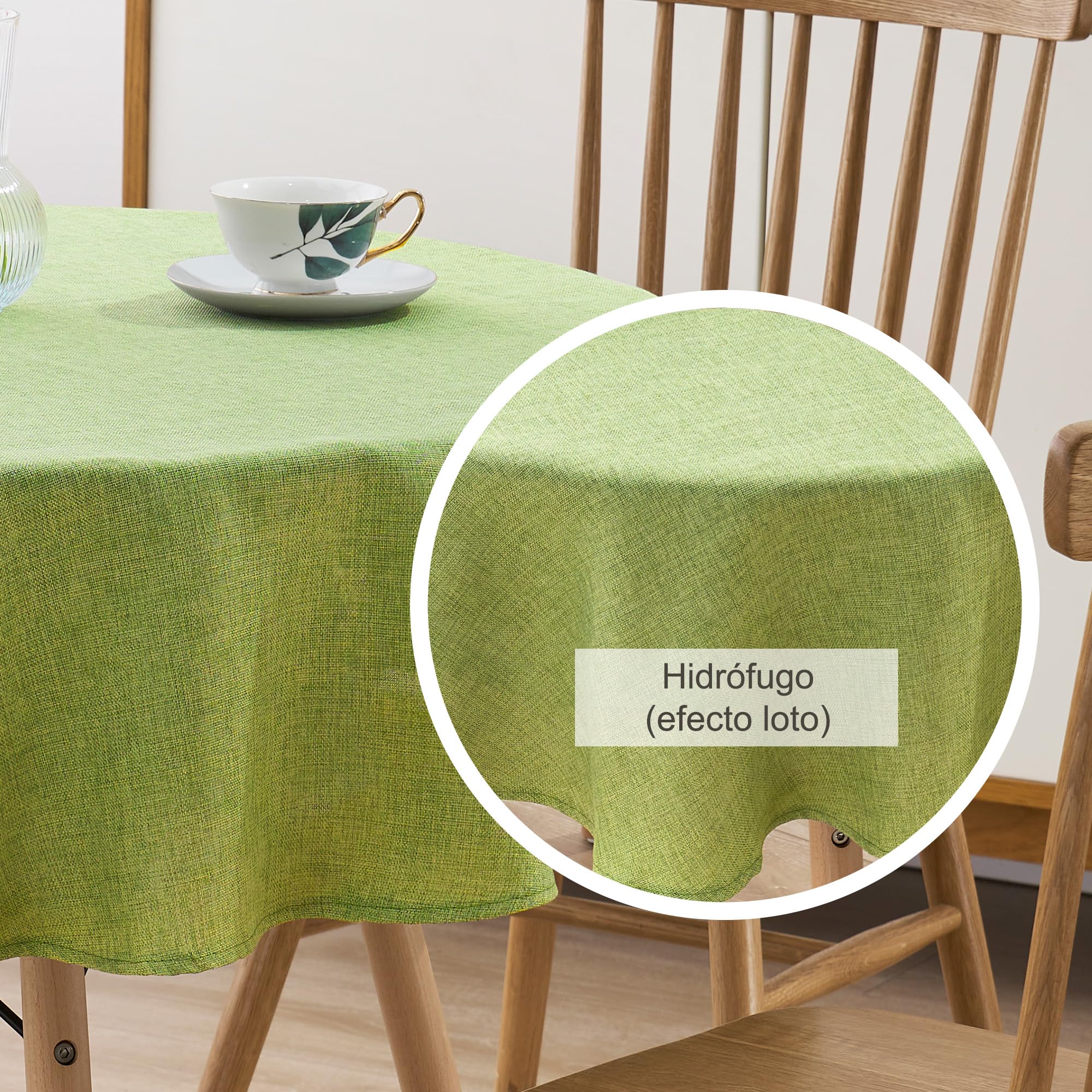 Decomira Mantel de Mesa Redondo Aspecto Lino - Repelente al Agua, Antimanchas, Lavable - como Mantel de Jardín o para Mesa de Comedor - Verde - 200 cm Redondo