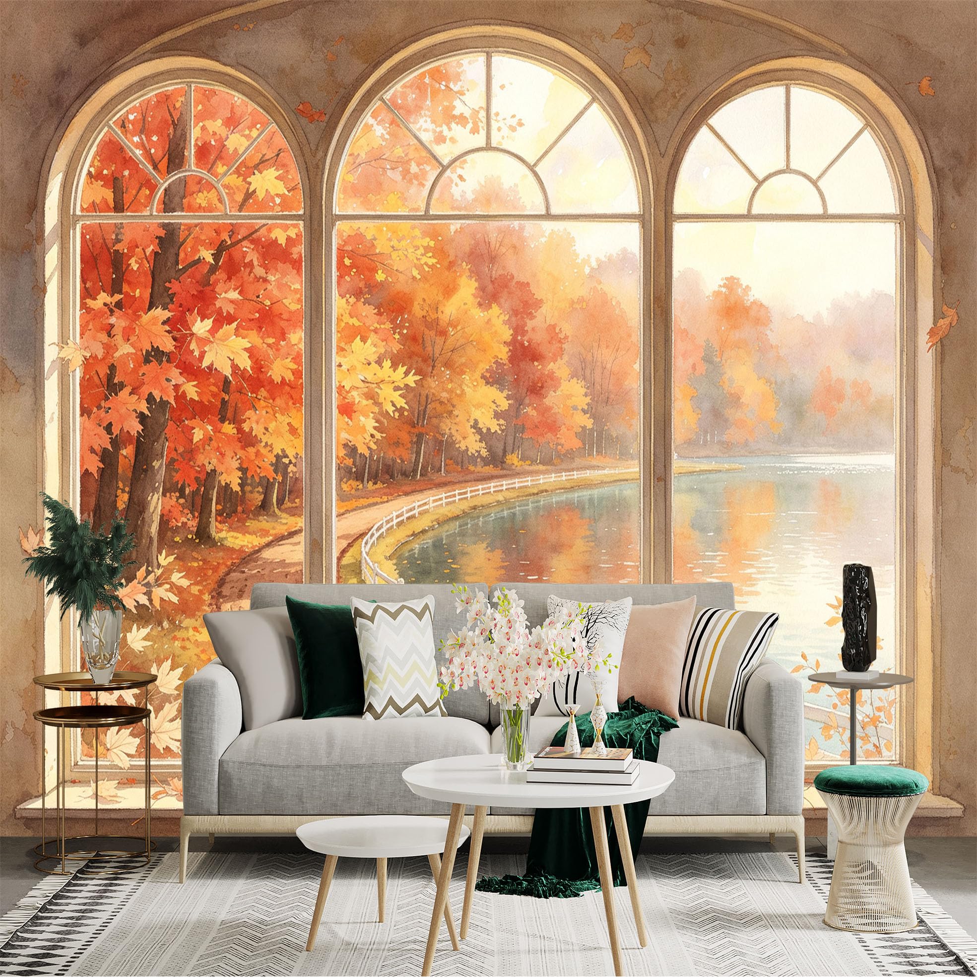 Custom Size Wall Sticker Mural， Watercolor Autumn Window View， Golden Maple Forest and Lakeside Path， for wall Decoration， peelandstick wall Decals.