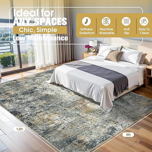Miniatura 2 de Alfombras de área de 9 x 12 pies para sala de estar, lavables: Alfombra grande abstracta para comedor, dormitorio, alfombra antideslizante de 9 por