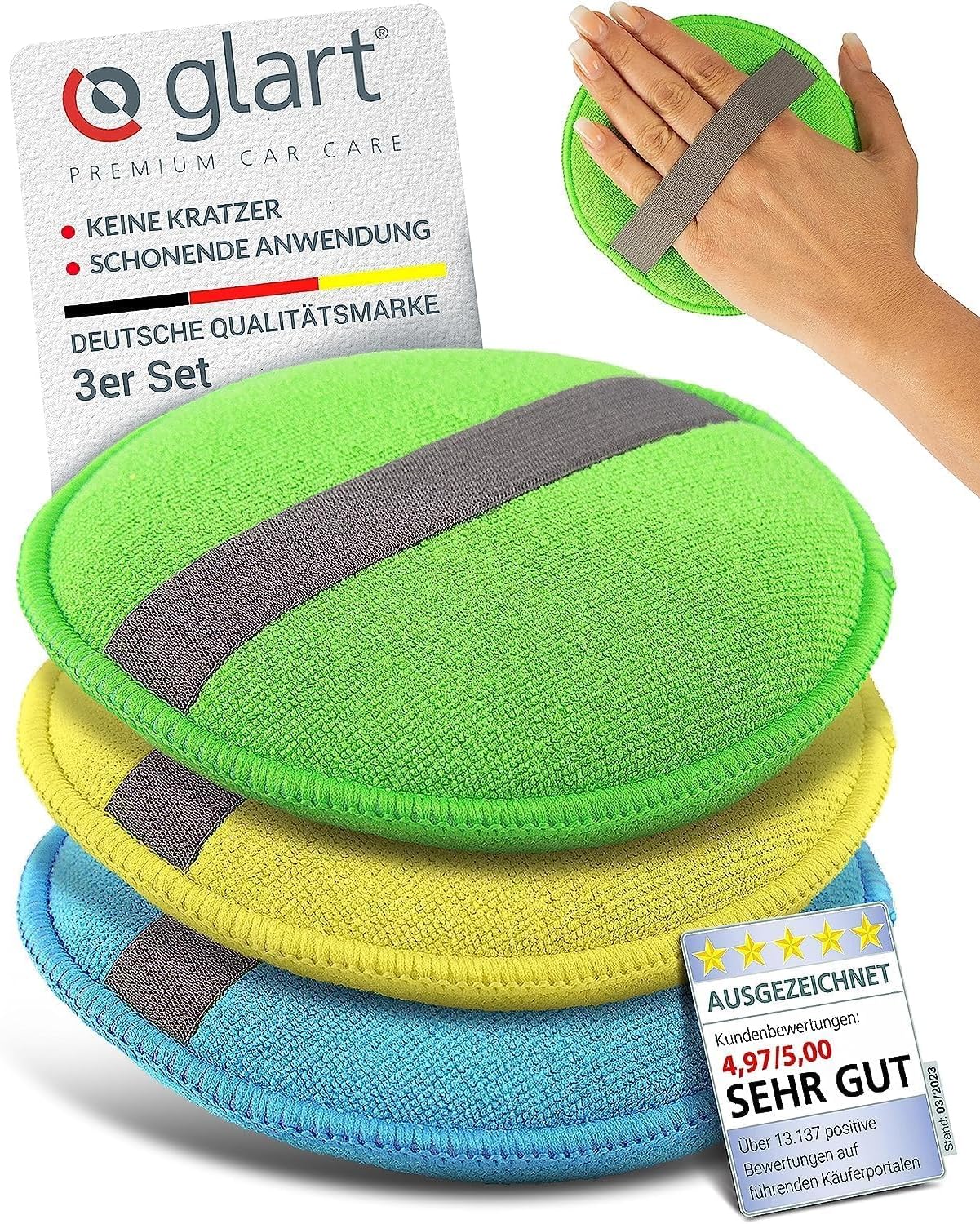 Microfiber Polishing Sponge Car - Set of 3, Applicator Pads for Waxes, Polishes, Paint Cleaners & Paint Sealants - 130x25 mm Hand Polishing Sponge Car - Scratch-Free & Gentle Application