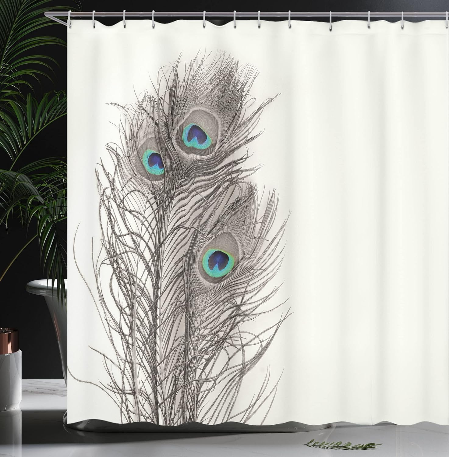 Ambesonne Peacock Shower Curtain, Feathers of Exotic Bird on White Backdrop Bohemian Wildlife Composition, Cloth Fabric Bathroom Decor Set with Hooks, 69" W x 75" L, Ecru