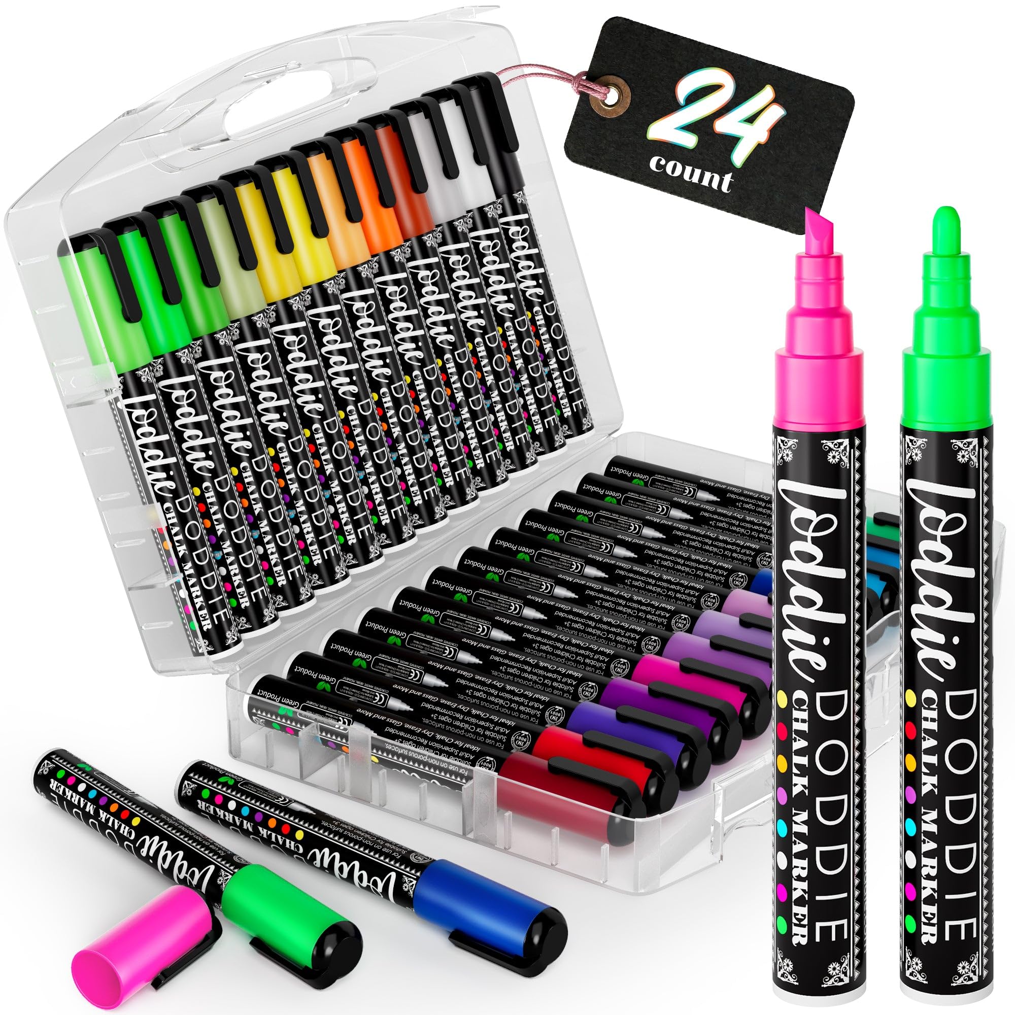 Loddie Doddie Liquid Chalk Markers, 24 Assorted Colors, 6 mm Reversible Bullet and Chisel Tips, Foldable Storage Case