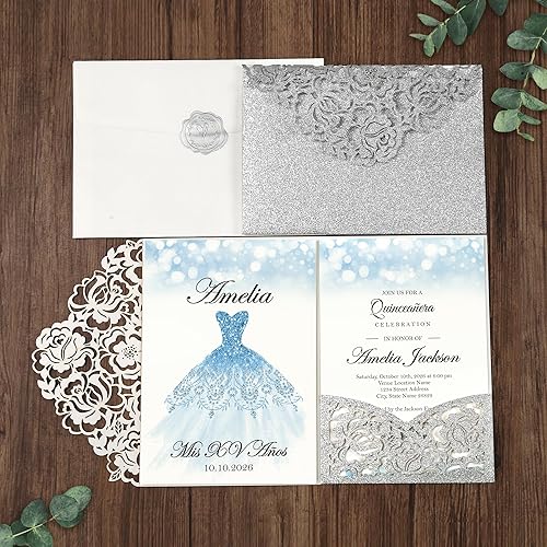 Vista 36 de DORIS HOME 50 bolsillos de invitación de boda cortados con láser con sobres azules, tarjetas de invitación de 5.12 x 7.12 pulgadas para boda