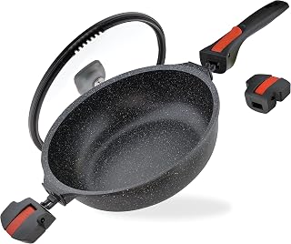 Linnuo Schmorpfanne Bratpfanne 28 cm hoher Rand, Aluguss Pfanne mit Deckel 28cm, abnehmbare Griffe, Antihaft beschichtete Pfanne Induktion, für alle Herden, backofengeeignet, Bratpfanne mit Deckel