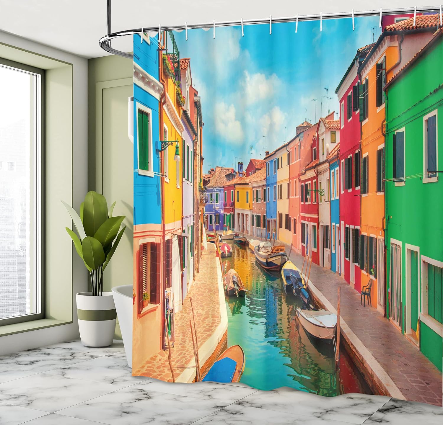 Ambesonne Venice Shower Curtain, Colorful Buildings and Water Canal with Boats Burano Island in The Venetian Lagoon, Cloth Fabric Bathroom Decor Set with Hooks, 69" W x 84" L, Blue Multicolor