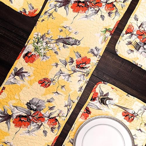 Miniatura 5 de DaDa Bedding - Juego de 4 manteles individuales para mesa de comedor, diseño floral amarillo radiante, colibríes, flores rojas, 13 x 19 pulgadas
