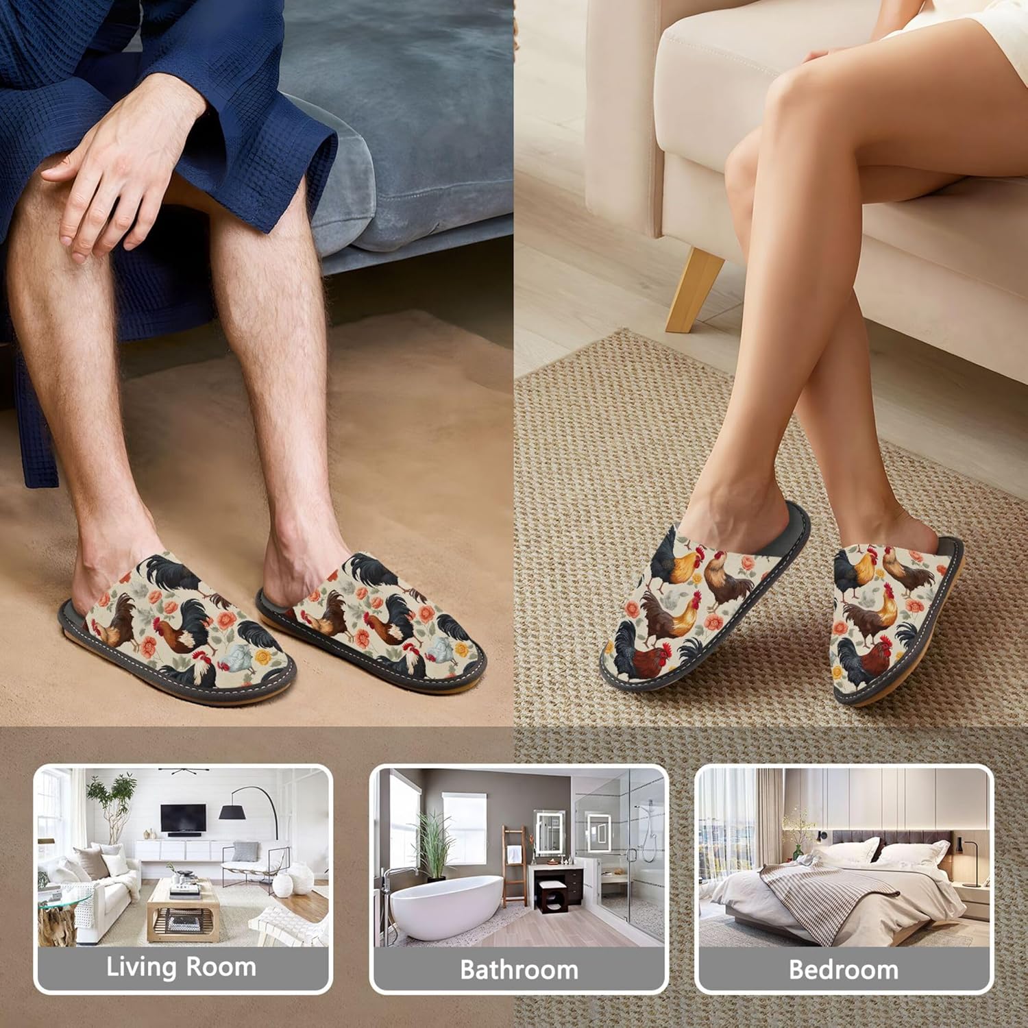 Rooster Hens House Slippers – Cozy Fuzzy Slippers for Guests, Washable & Disposable, Perfect for Shoeless Home, Spa & Hotel Use A111797