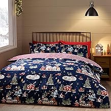 Catherine Lansfield Christmas Ski Village Reversible King Duvet Cover Set with Pillowcases Navy Blue