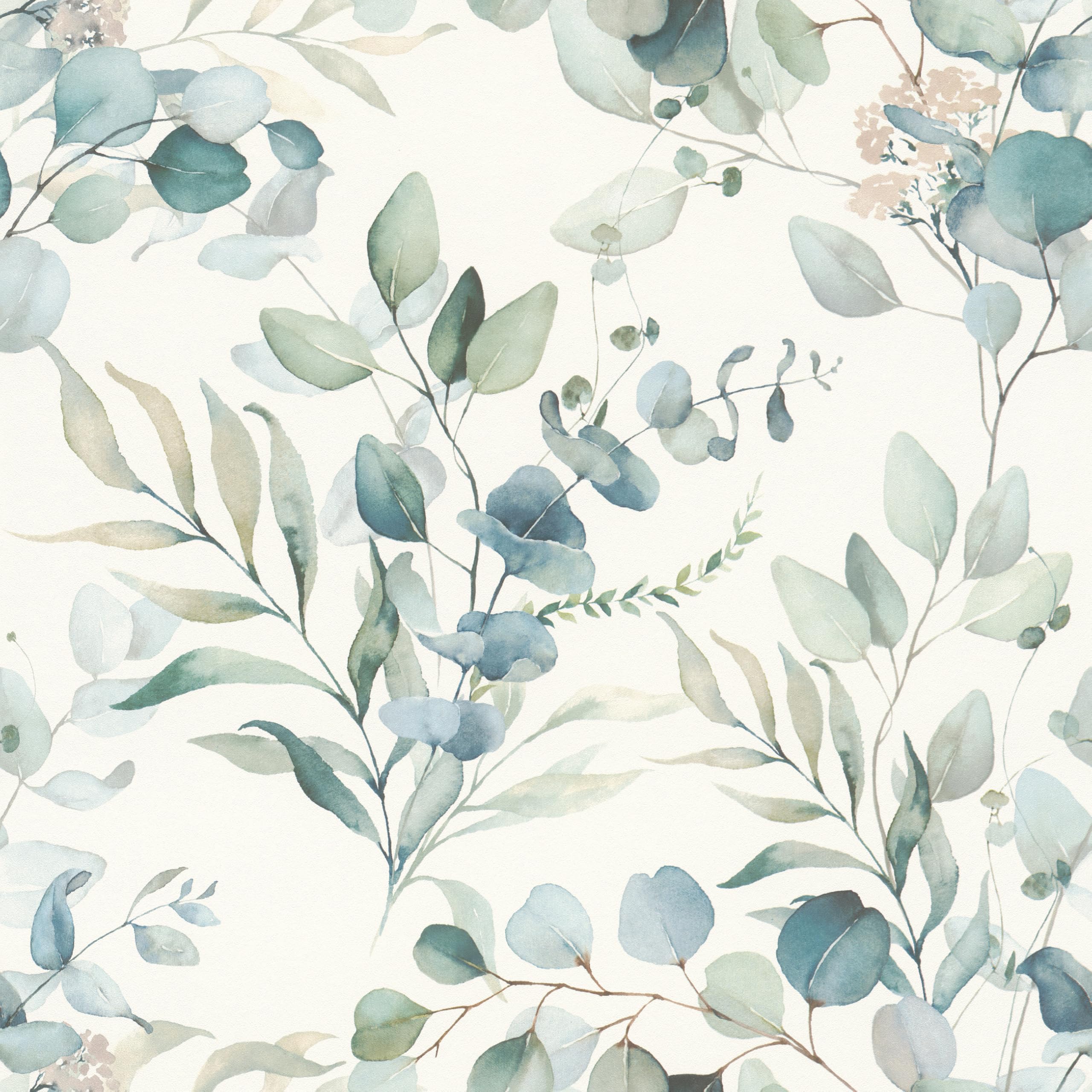 Rasch 300215 Non-Woven Wallpaper with Eucalyptus and Green Plants in Watercolour Look