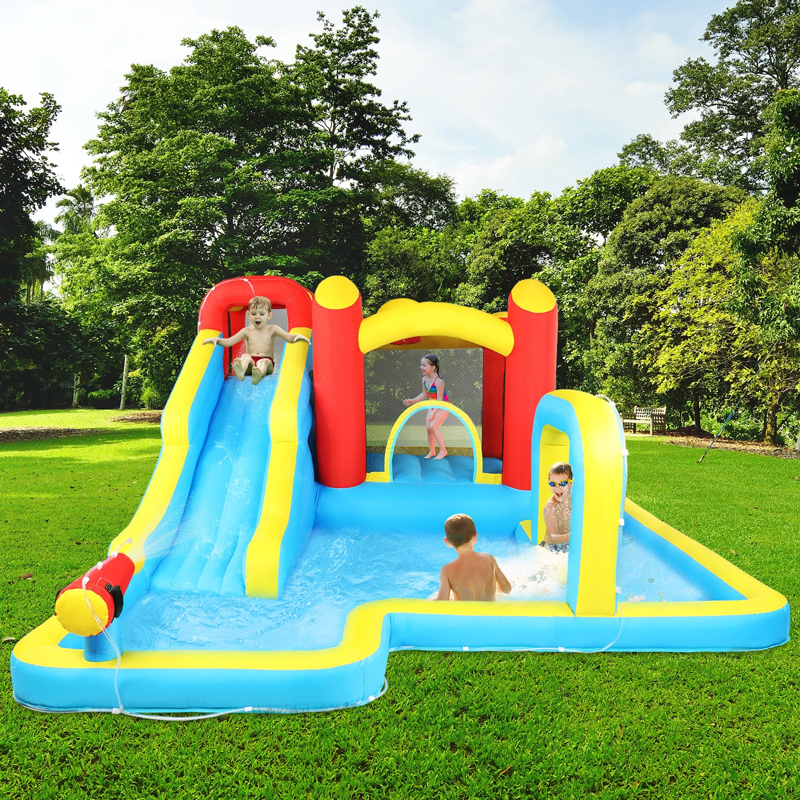 LEADZM Hüpfburg mit Gebläse, Großer Hüpfburg Kinder mit Trocken oder Wasserrutsche, Kletterwand, Schwimmbad, Geeignet für 3 Kinder von 3–10 Jahren, 465 x 365 x 195 cm