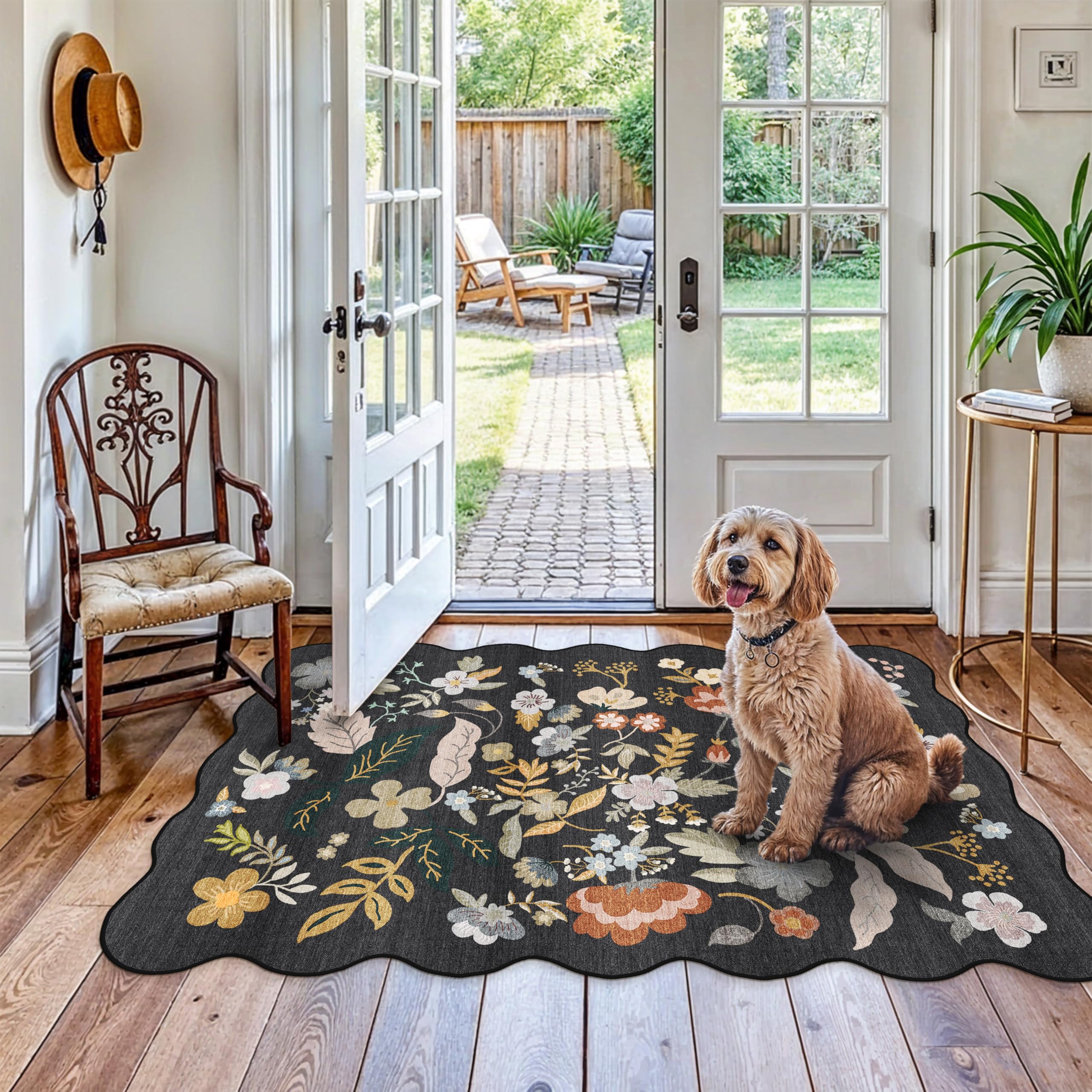 4x6 Washable Rug for Living Room: Non-Slip Scalloped Floral Area Rug for Bedroom, Kitchen, Entryway - Soft Low-Pile Boho Carpet Stain Resistant Throw