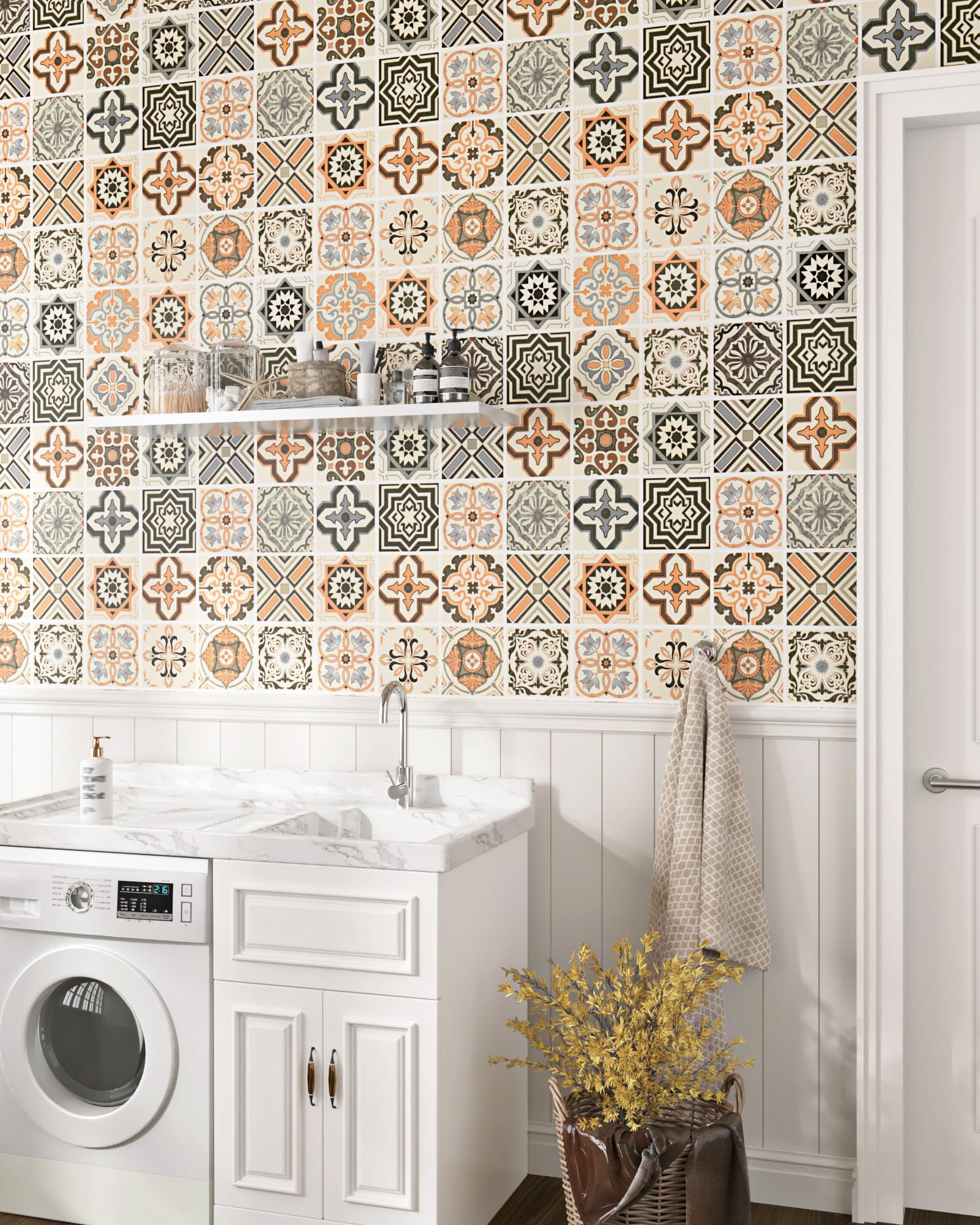 Yullpaper Vintage Wallpaper for Living Room Beige and Orange Sticky Back Plastic Patterned Boho Style Lining Paper for Walls Shabby Chic Wallpaper Beige Vinyl Wrap for Furniture Cupboards 40 x 200cm - Image 4
