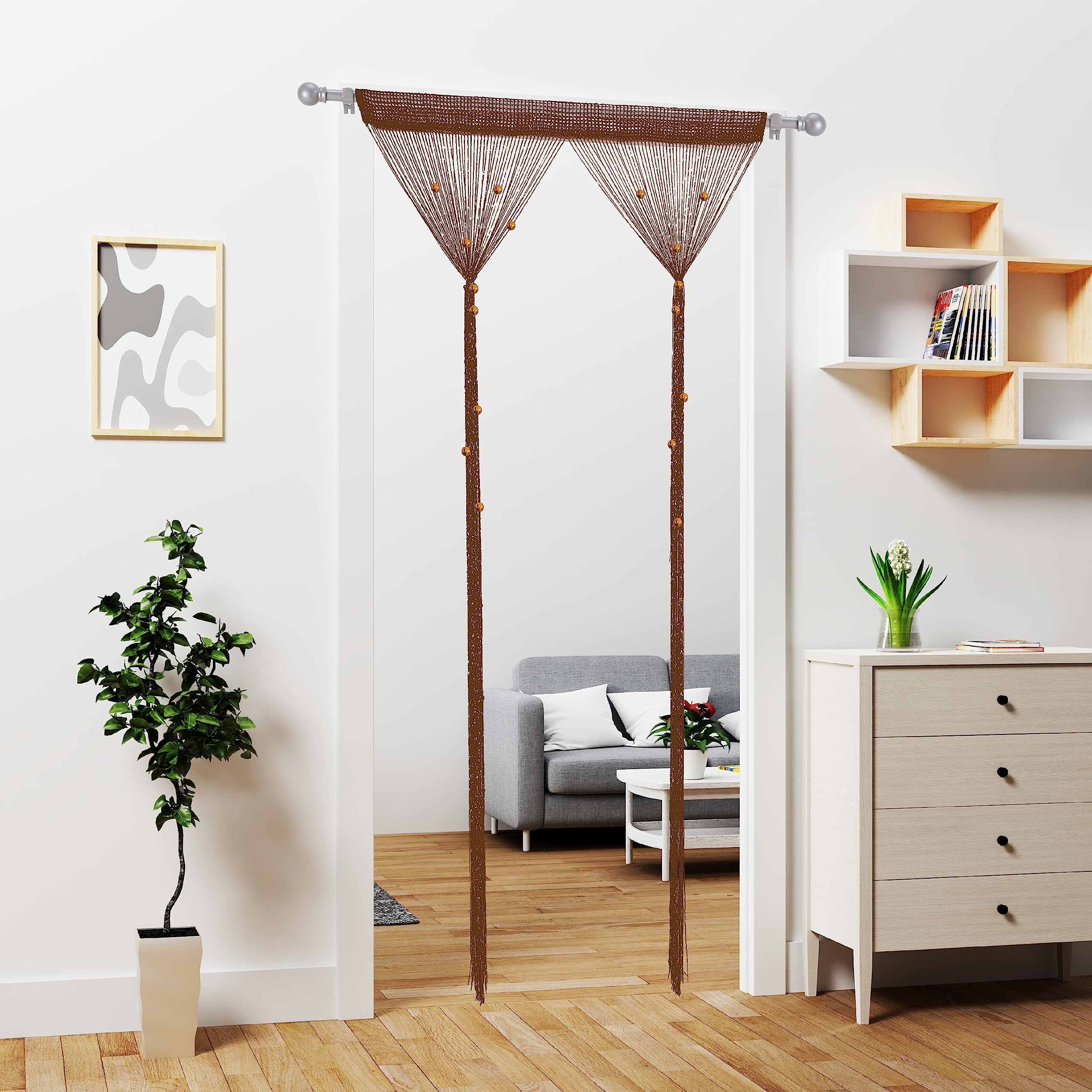 Rideau de perles à suspendre - Séparateur de pièce - Style hippie - Panneau à franges pailletées - Pour placard, fenêtre, porte, porte - Café - 100 x 200 cm