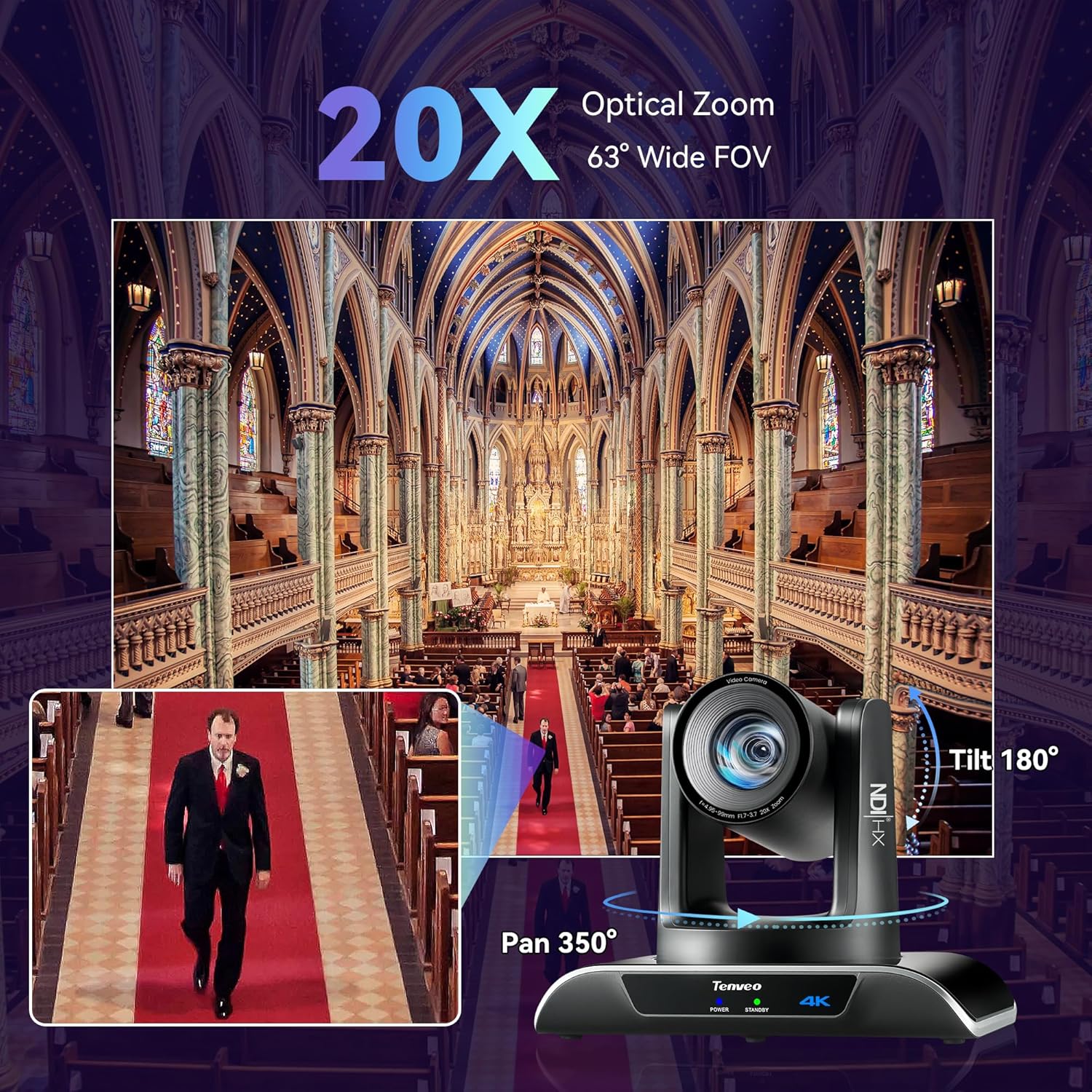 Image showing the Tenveo PTZ camera with arrows indicating 350 degree pan and 180 degree tilt, and a visual representation of 20X optical zoom in a church setting.