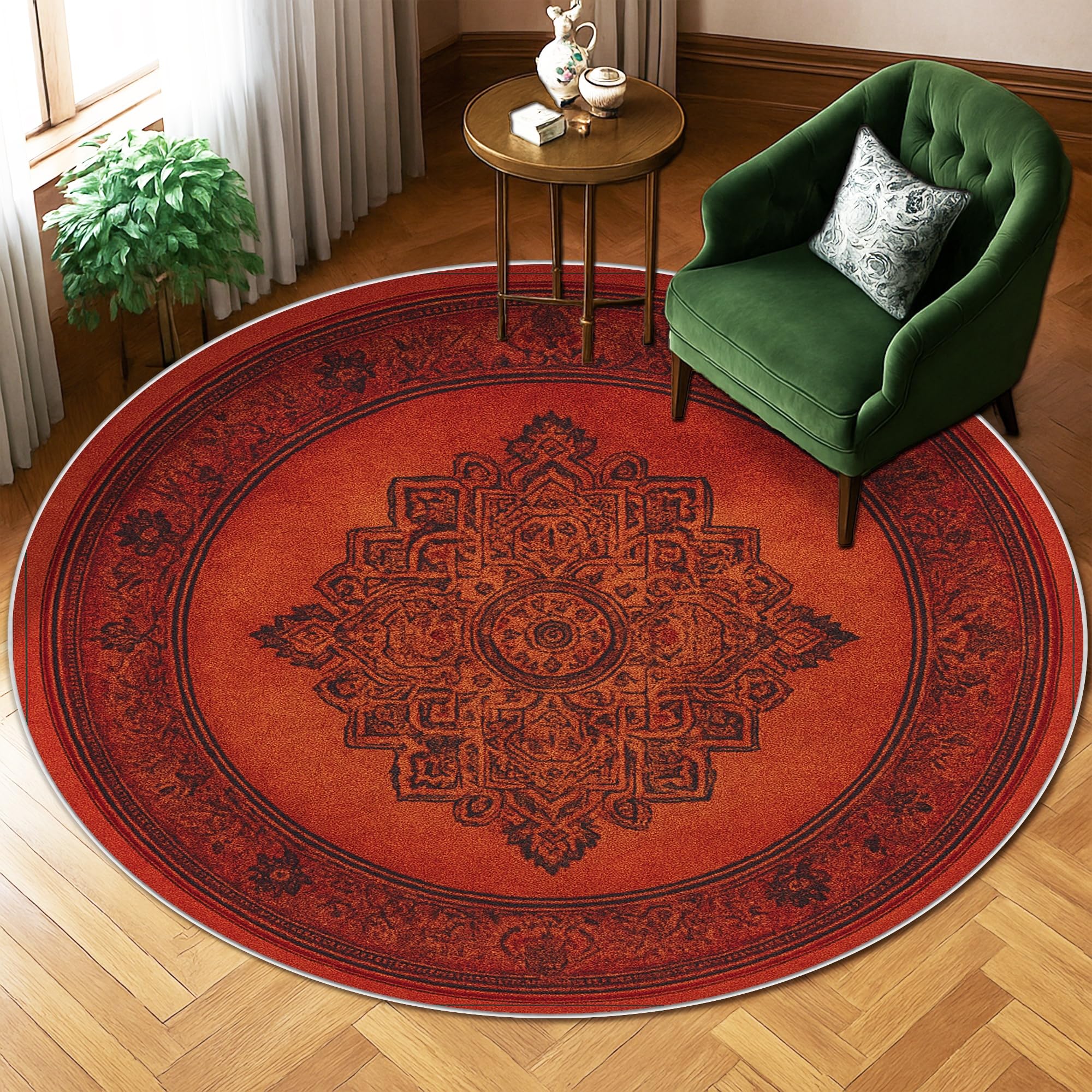 Tapis mandala, style bohème vintage à ornement floral, terre cuite, envers antidérapant, pour salon, chambre à coucher, nouvelle maison, salle à manger, 1,8 x 1,8 m