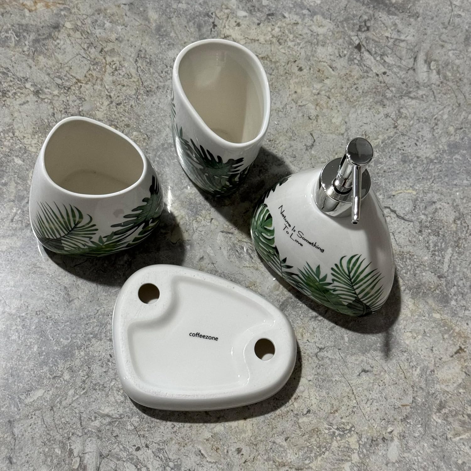 Irregular Shape Bathroom Accessories Set, 4 Piece Tropical Leaves Design Ceramic Bath Accessory Set with Soap Pump Dispenser, Toothbrush Holder, Tumbler & Soap Dish