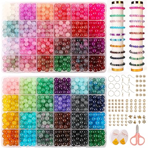 Glass Beads for Jewelry Making, 1300pcs + 8mm 48 Colors Round Crystal Glass Beads B...