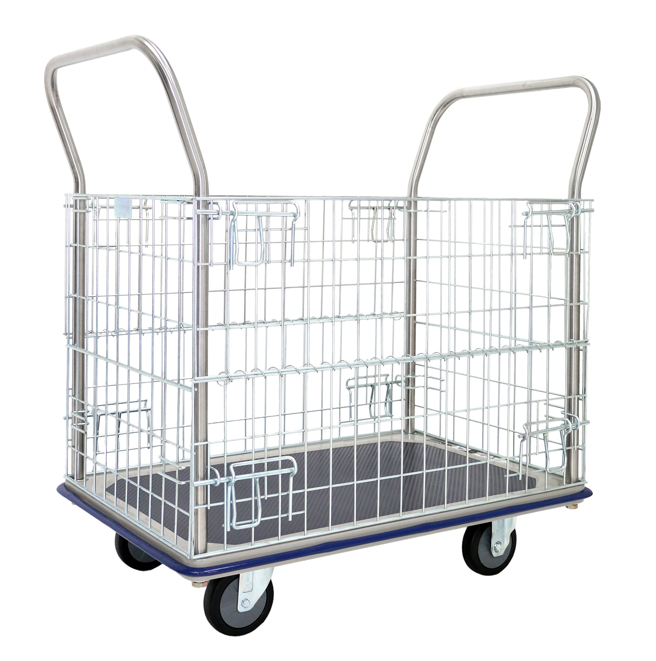GW-213 Chariot de stockage grillagé à plateforme, en acier inoxydable plaqué zinc, avec charge maximale de 370 kg, 96 x 61 x 100 cm (largeur x profondeur x hauteur), Bleu