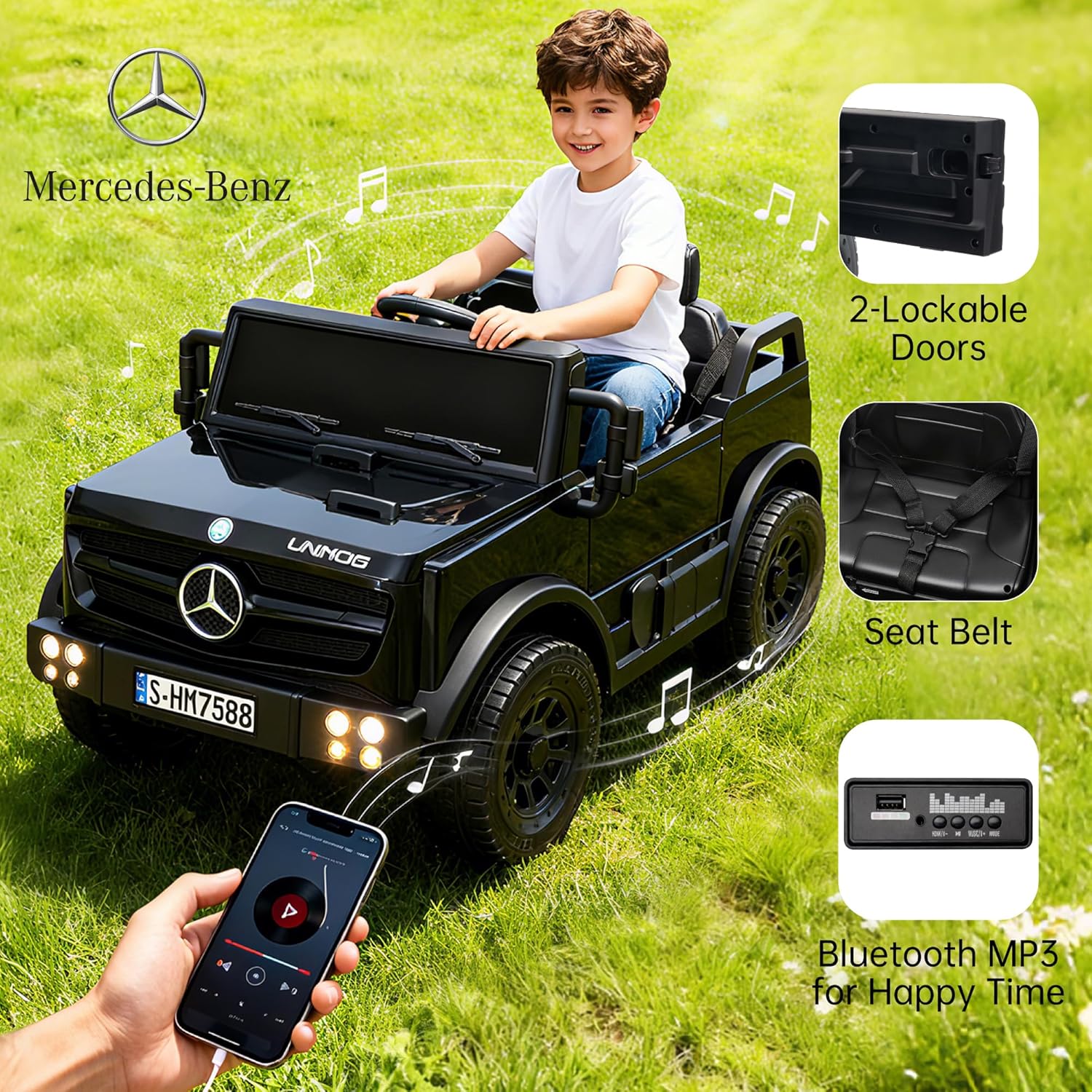 Kids Cars, 12V Ride on Car, Electric Car for Kids with Parent Remote Control, LED Headlights, Music Player,Bluetooth