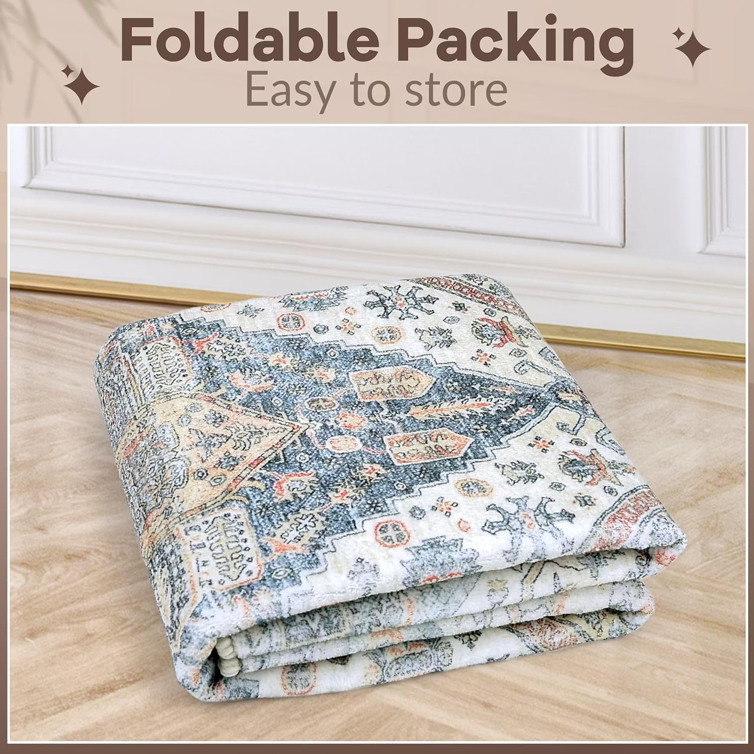 Vintage Front Door Rug Boho Area Rug 2x3ft Washable Non-Slip Soft Indoor Doormat Small Oriental Rug Low Pile Door Mat Bohemian Carpet for Entryway Living Room Kitchen Bedroom (Royal Blue)