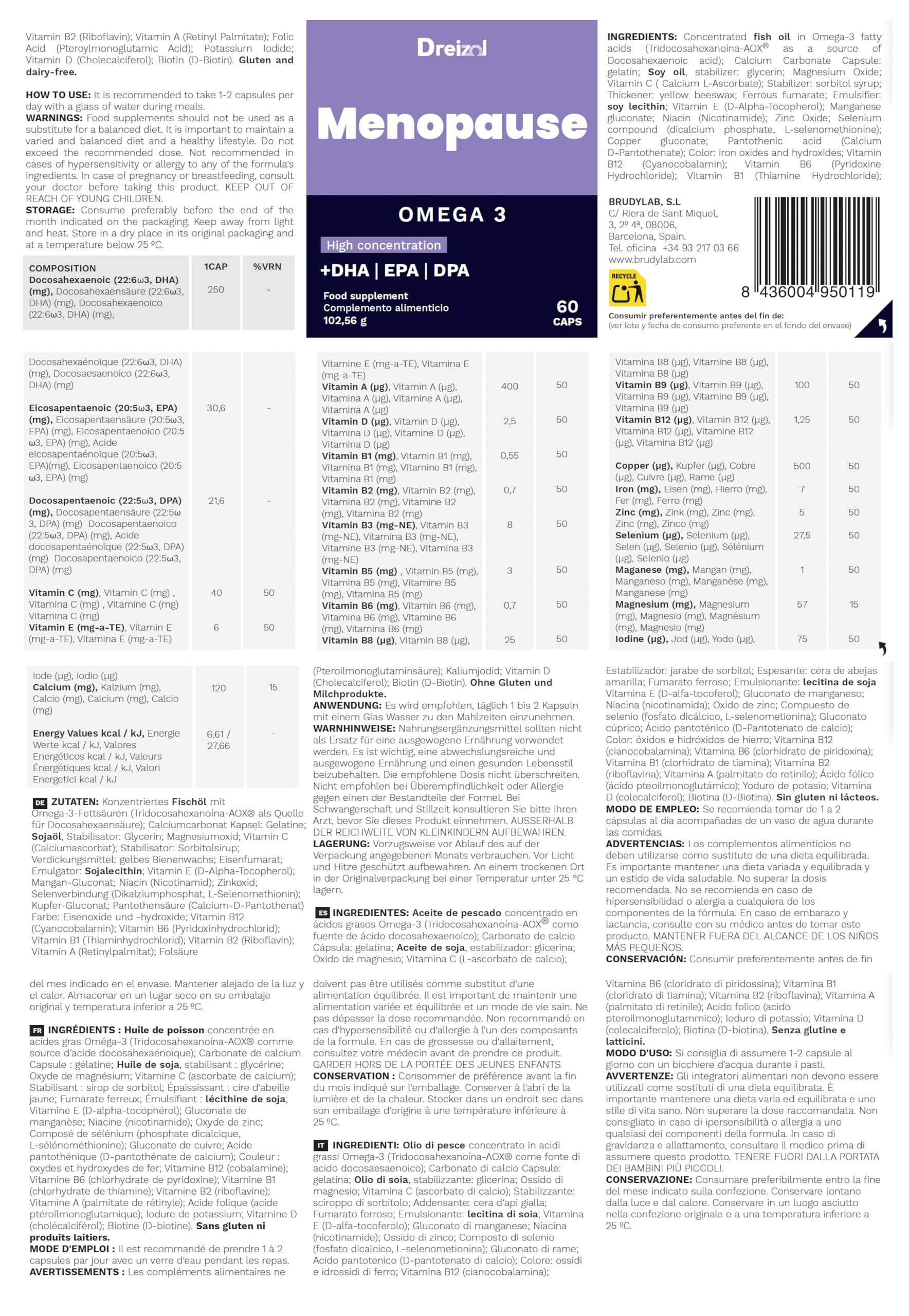by Brudy Lab - Omega 3 Menopausia - 8 en 1– Cápsulas con DHA, EPA y DPA en Triglicéridos, con Vitaminas y Minerales - Alivia los Síntomas de la Menopausia - Sin Gluten ni Lácteos - 60 Cápsulas