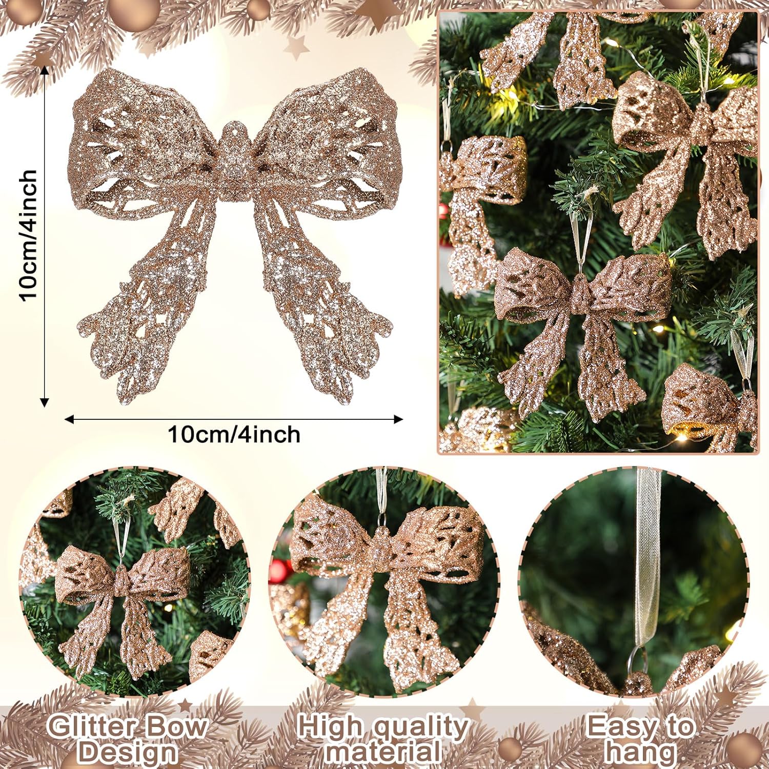 thyle 12 pcs glitter christmas bow ornaments for christmas tree decorations 3.94'' champagne shiny wreath bows pendant xmas tree hanging ornaments for holiday winter home new year party decorations