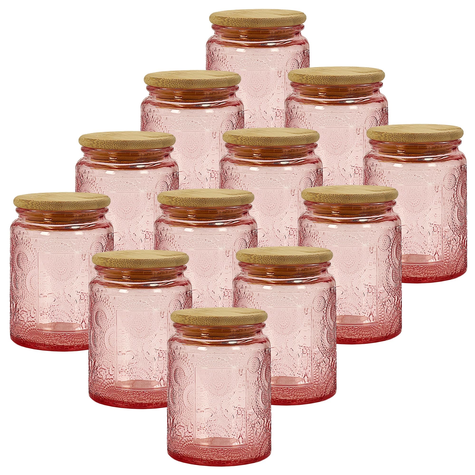8oz Decorative Glass Jars with Airtight Bamboo Lids (Pink - 12pc), Vintage Food Storage Containers, Home Décor Candle Making Parties Wedding Baby Shower Favors Gift