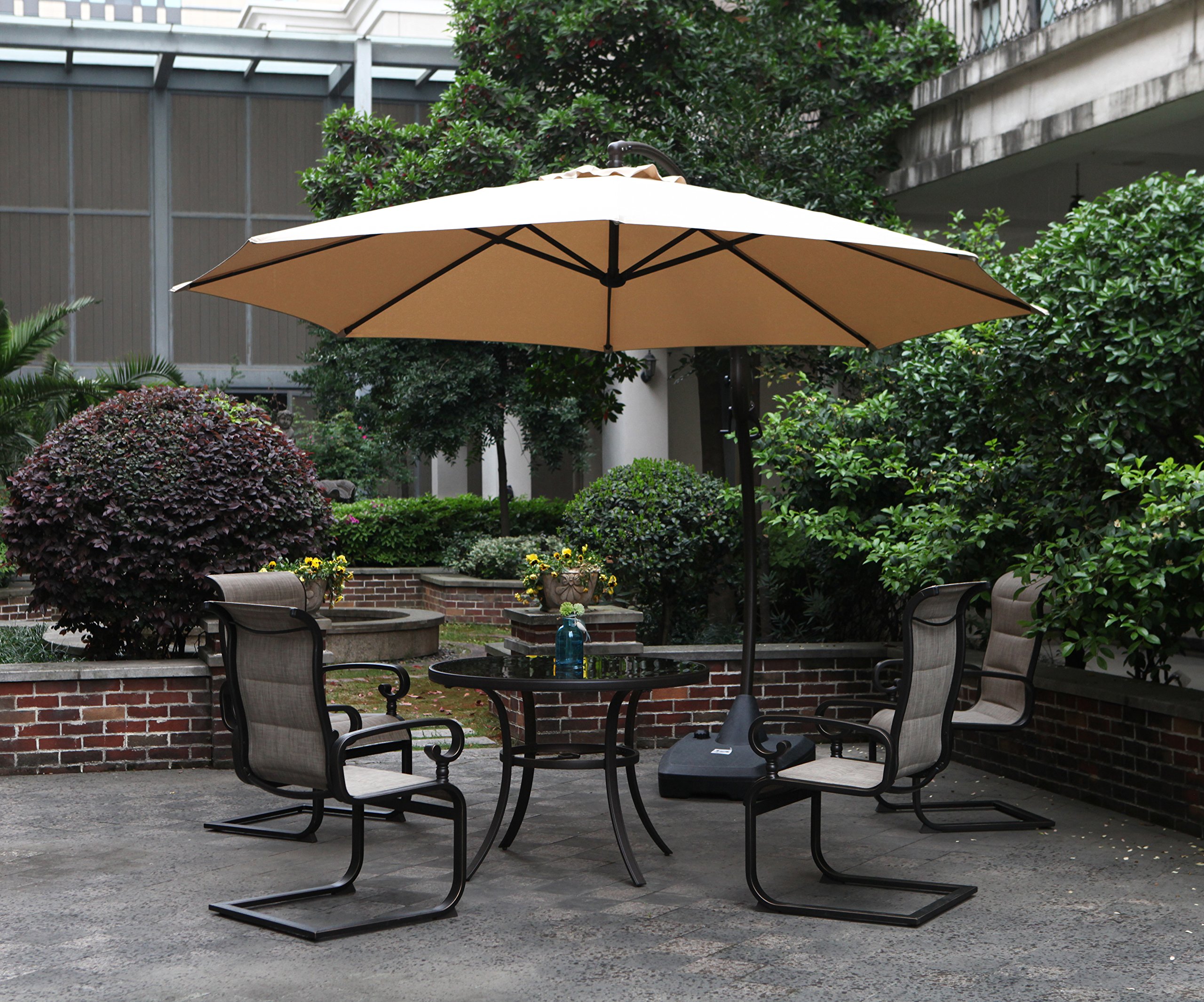 Amazon Com Grand Patio Outdoor 11 Ft Offset Umbrella With Base Included Curved And Cantilevered Aluminum Champagne Garden Outdoor