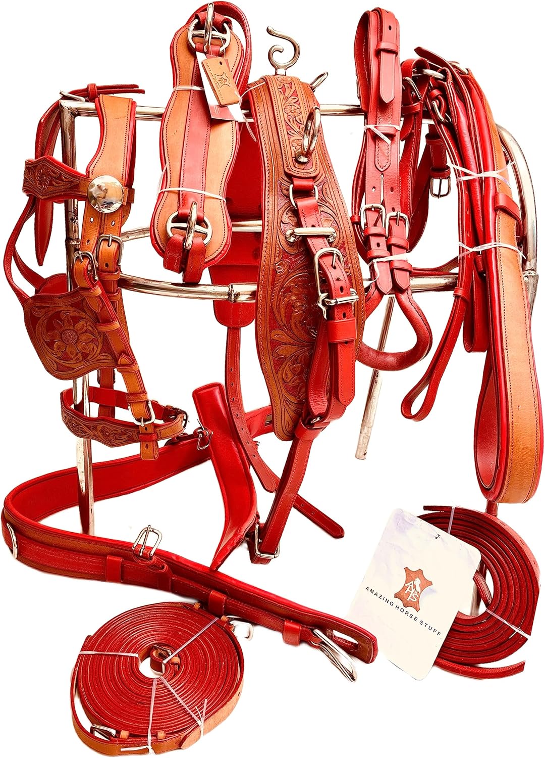 Designer Dual Tone Horse Driving Leather Harness for Single Horse cart with Stainless Steel Hardware (Pony, Red)