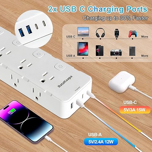 Miniatura 6 de Regleta protectora de sobretensiones de 10 pies, 8 salidas de CA, 4 puertos USB (2 USB C), cable de extensión de enchufe plano con múltiples tomas,
