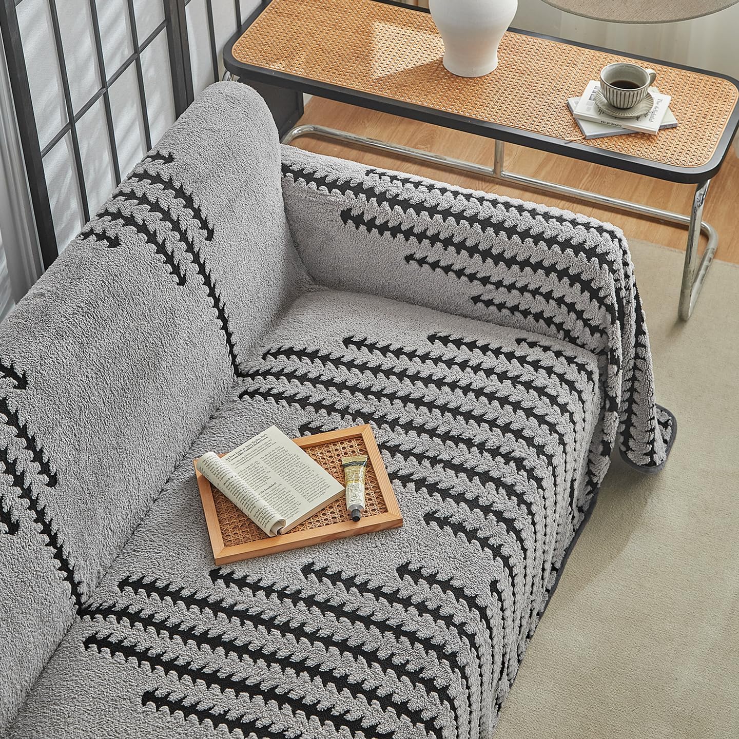 Flannel Boho Sofa Covers Winter Couch 3 Cushion Covers for Couch Sofa Pet Friendly Soft Warm Non Slip Fleece Living Room Loveseat Cover - Washable and Easy Care Furniture Protector 91"x134" Gray