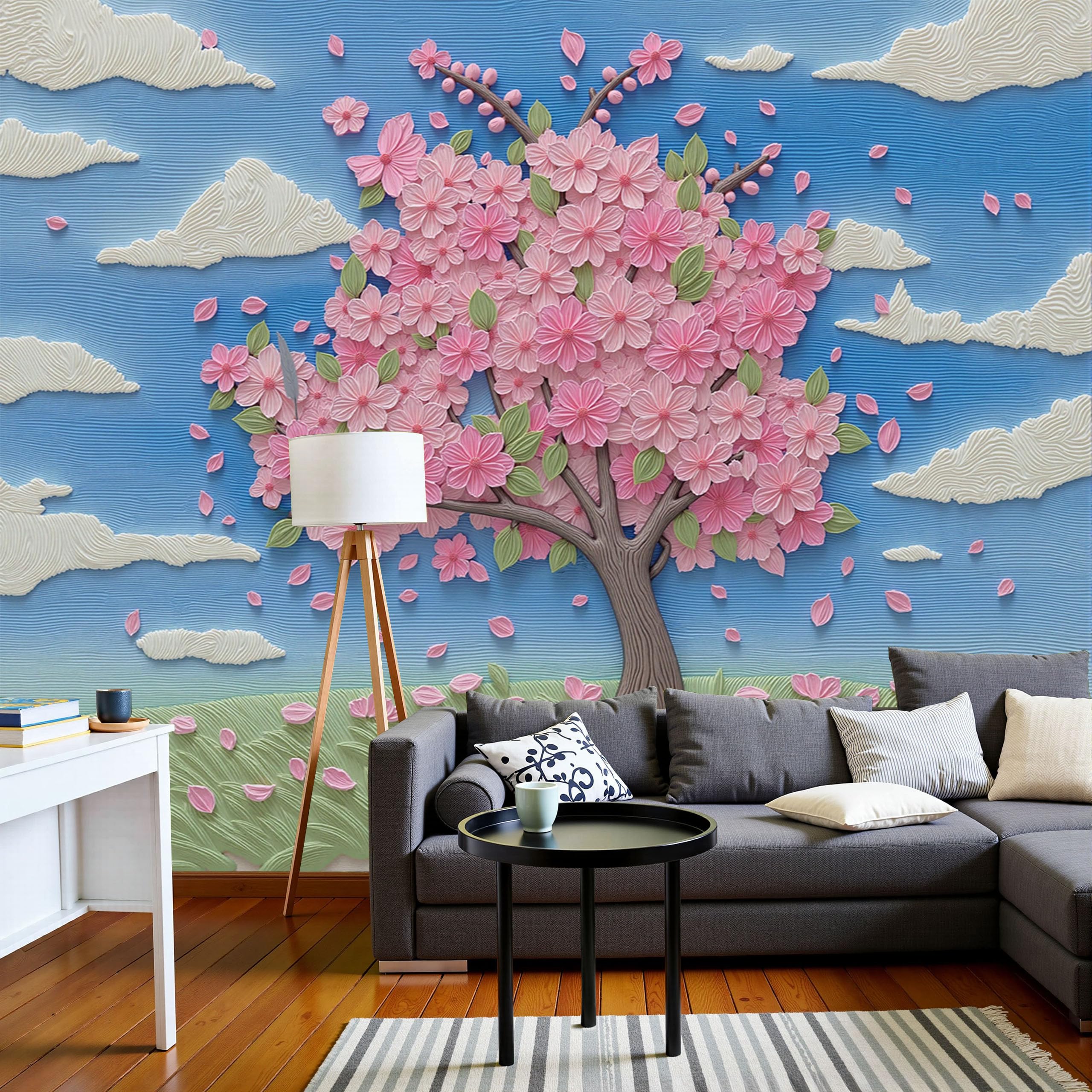 Papier peint panoramique bleu ciel pour agrandir un salon ou un couloir sombre