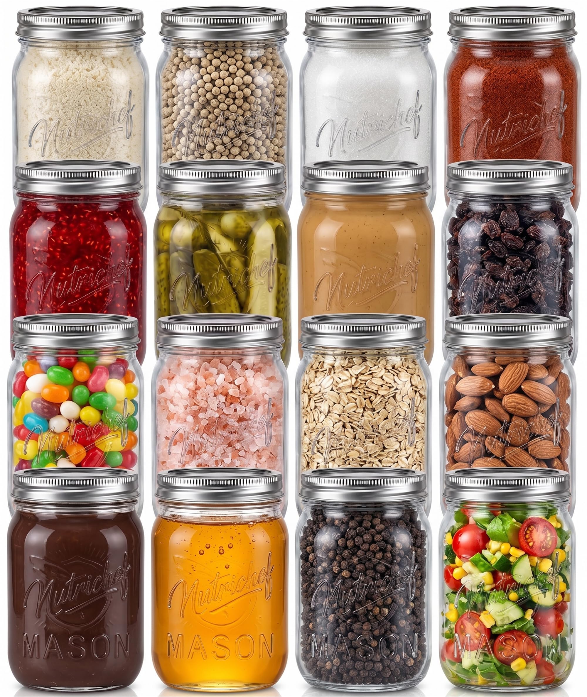 Nutrichef Tarros de albañil con tapas - Tarros de especias magnéticos de 16 oz de bricolaje con tapas herméticas y banda - perfecto para preparación de comidas, gachas, mermelada, miel, velas