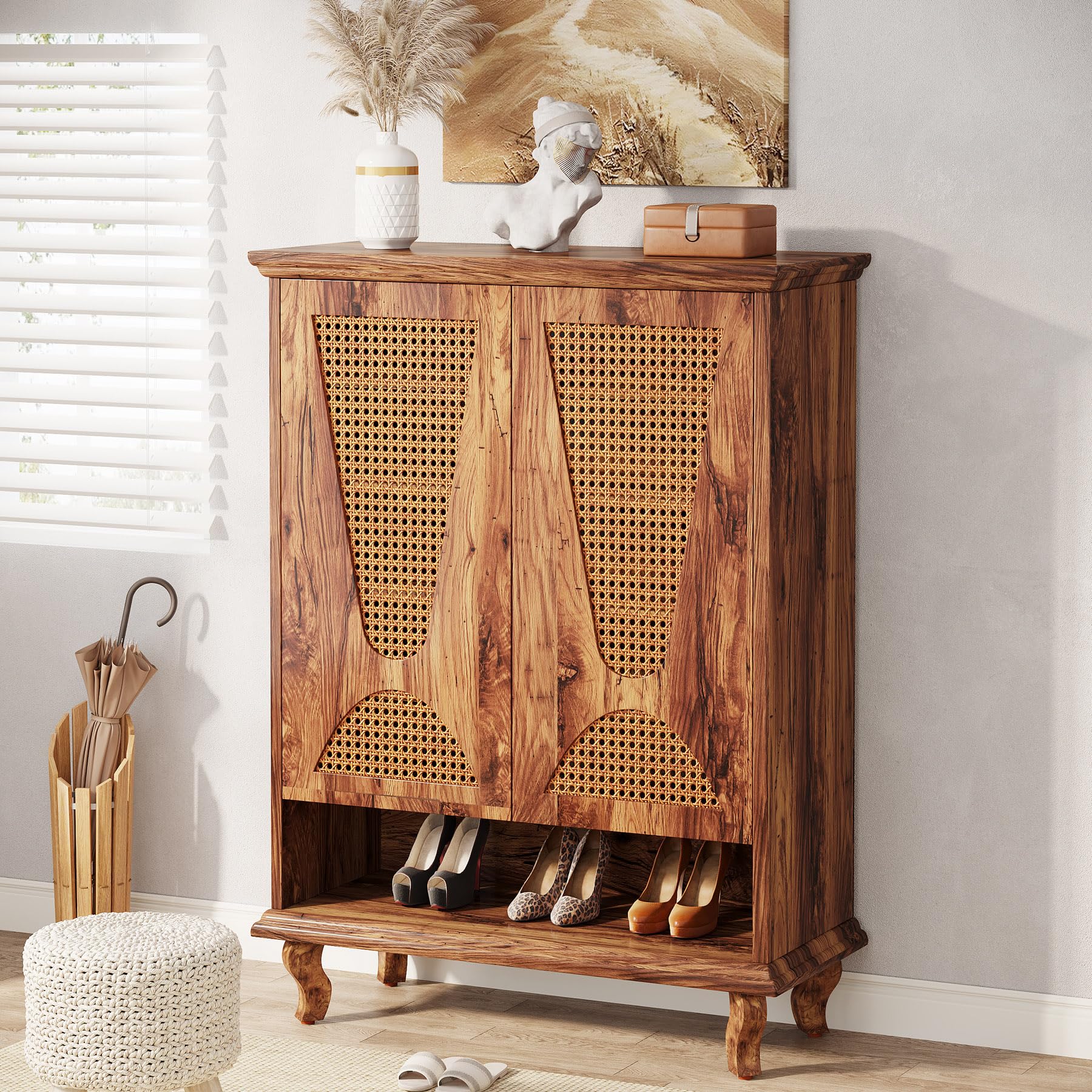 Tribesigns Rattan-Schuhschrank mit 2 Türen, 75x 37x 110cm, Schuhkipper schmal,7-stöckig Schuhregal für 25 Paar Schuhe Regal für Eingang, Flurschrank,Wohnzimmer