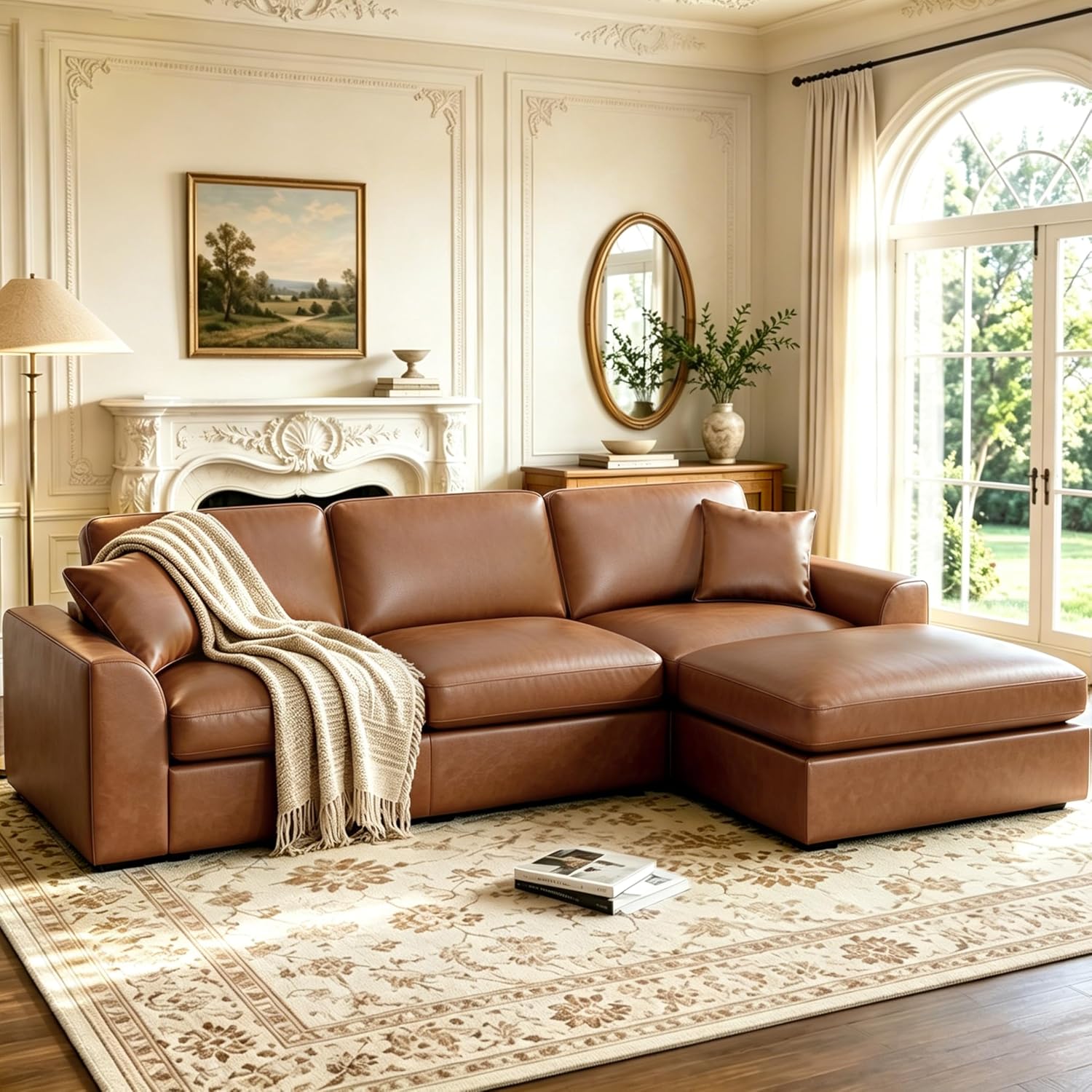 126" Leather Modular Sectional Couch, V-Shaped Modular Sectional Sofa for Living Room, 7 seater Leather sofa, Deep Seat Leather Couch for Bedroom/Apartment/Office, Waterproof couch Easy clean, Beige