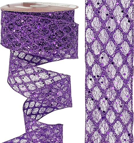 Miniatura 7 de HUIHUANG Cinta púrpura con alambre de 2-12 pulgadas, cinta con borde de alambre de diamante con purpurina para decoración de Halloween, árbol de