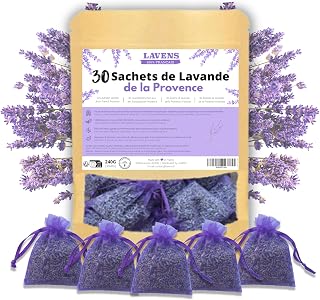 LAVENS - 30 bolsitas de Lavanda perfumadas - Origen Provence France - 240G - Bolsa de Olor para Armario, Ropa y Armario. Bolsa de Lavanda Seca Desodorante Aroma Intenso.