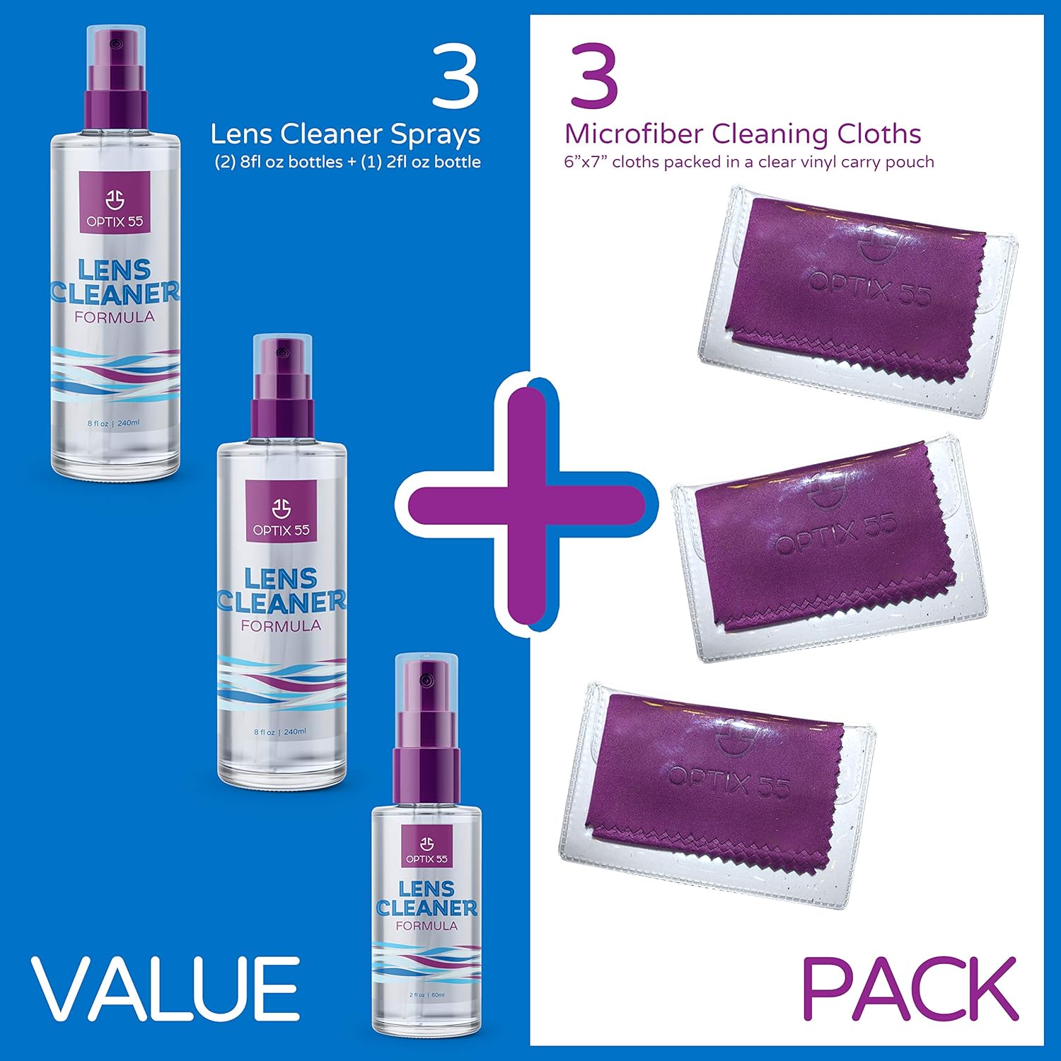 Lens Cleaner Spray Kit - Alcohol & Ammonia Free | (2) 8oz + (1) 2oz Eye Glasses Cleaner Spray + (3) Microfiber Cloths | Safe for Eyeglasses, Lenses & Screens | Streak-Free, Unscented : Health & Household