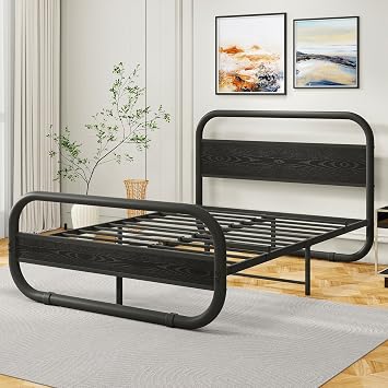 HOMERECOMMEND 5ft KingSize Bed Frame with Headboard,150x200cm,Black Bed | Oval-Shaped Platform Bed Frame with Under-Bed Storage,Steel Slats Mattress Foundation Round Pipe Design