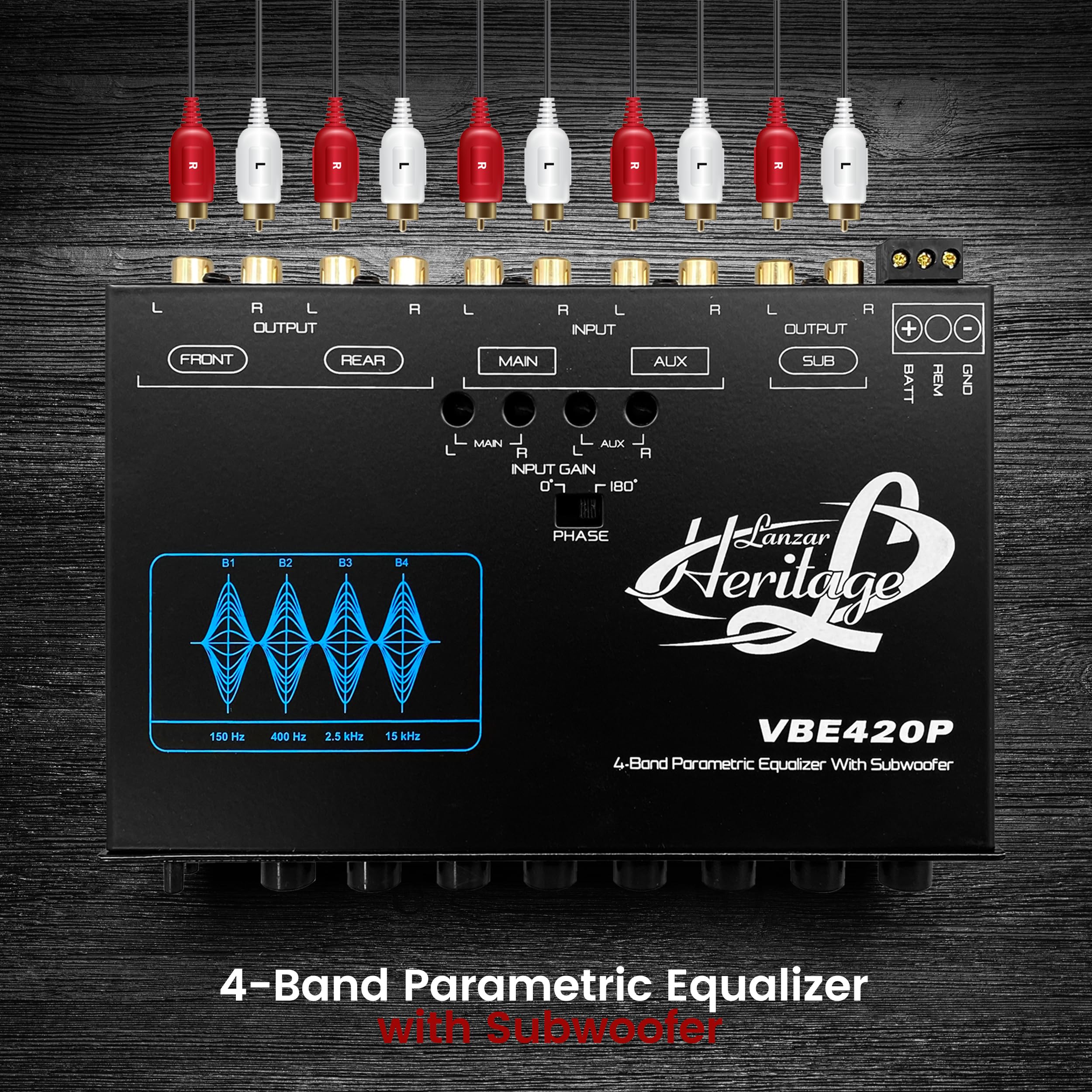 Lanzar Equalizzatore stereo a 4 bande - equalizzatore per auto a mezzo DIN con controllo del guadagno subwoofer, ingressi RCA, uscite pre-amplificatore, fader rotativo, selettore di ingresso AUX, luce