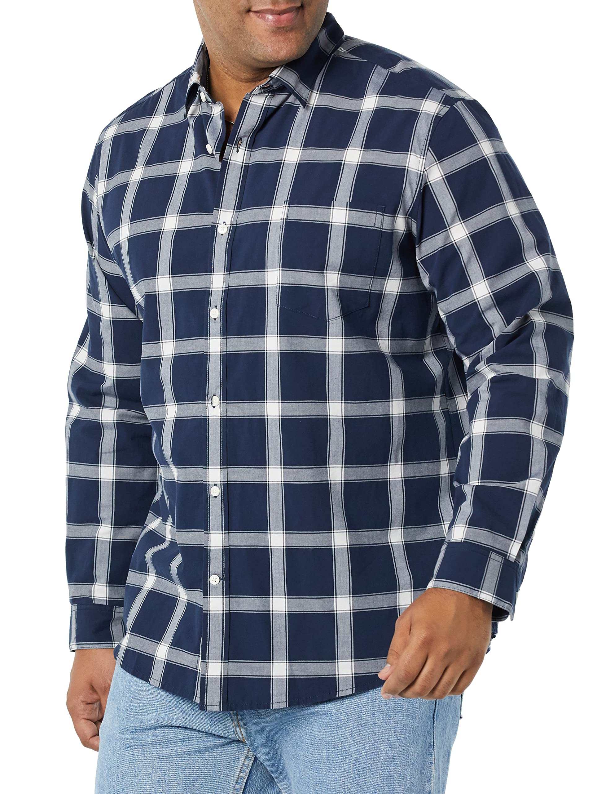 Photo 1 of Amazon Essentials Men's Long-Sleeve Regular-fit Stretch Poplin Shirt X-Large Navy/White, Buffalo Plaid