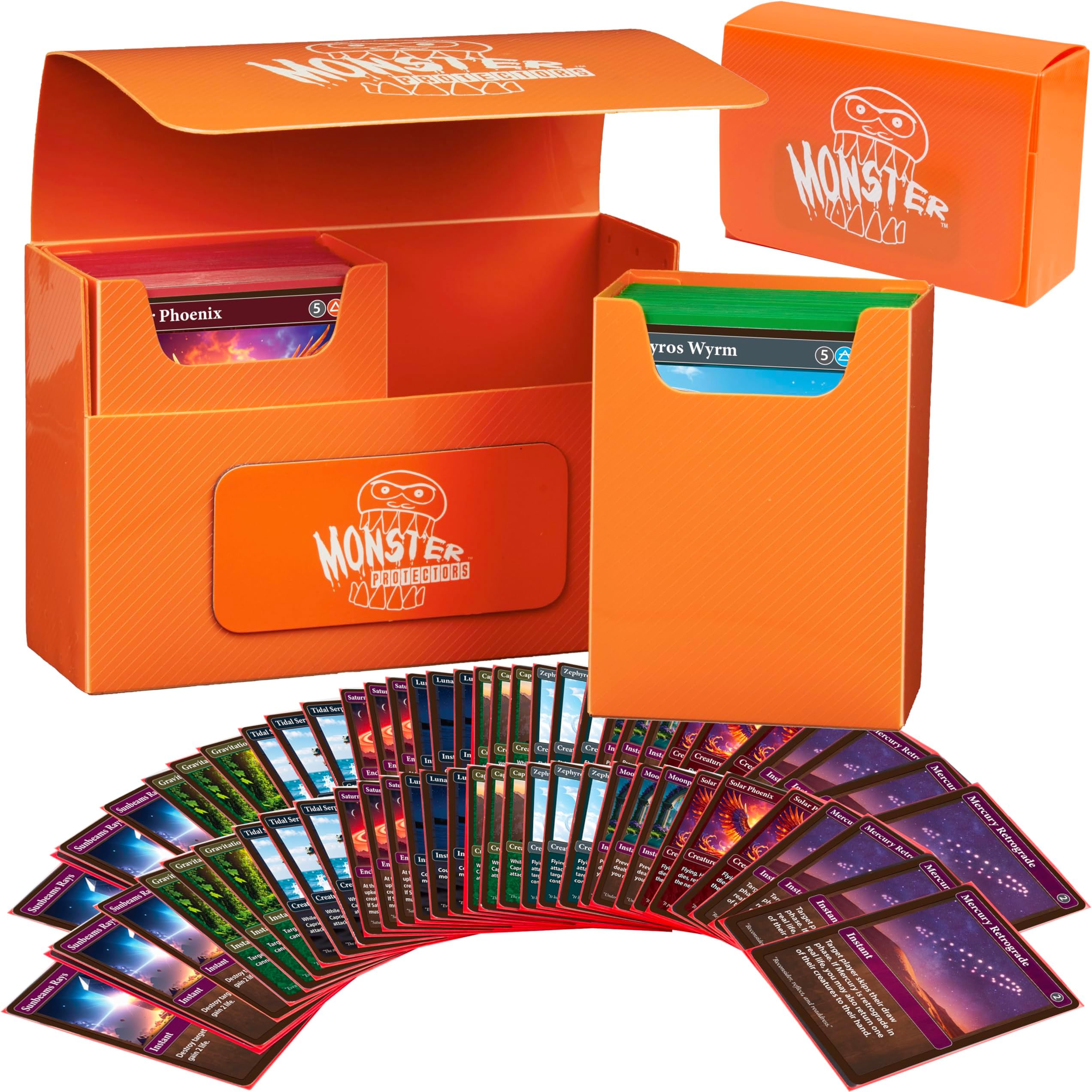 Monster Protectors Magnetic Double Deck Box- Orange, Holds 150 TCG Cards, Self-Locking Closure- Compatible with Pokémon, MTG Magic: The Gathering, & Yu-Gi-Oh | Fits Standard & Small Size Trading Cards