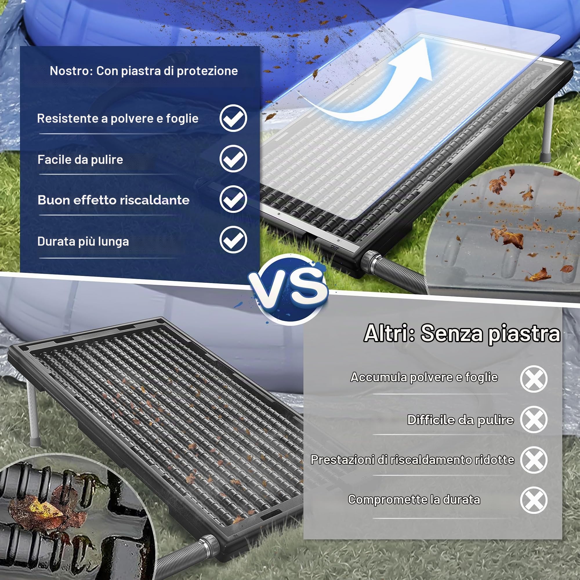 UISEBRT Riscaldamento solare per piscina, pannello solare per acqua calda, connettore piscina Ø 50 mm, per piscine e docce da giardino 111,5 x 66 x 6,5 cm