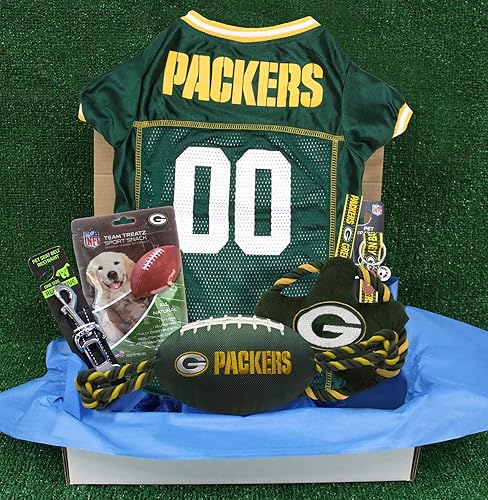 NFL Green Bay Packers - Caja de regalo para mascotas con 2 juguetes para perros, 1 logotipo grabado natural para perros, 1 camiseta de la NFL, 1